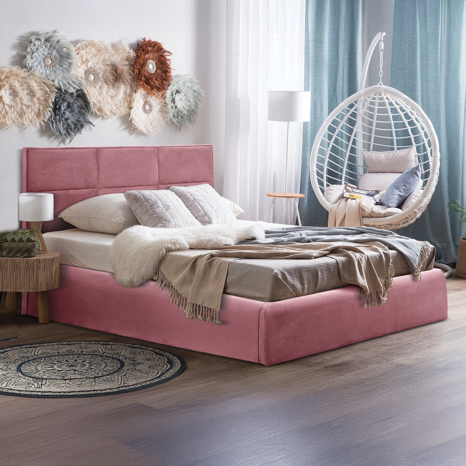 DOUBLE BED WITH MATTRESS BRILEY HM21272.02 DUSTY PINK VELVET WITH STORAGE SPACE--FOR 160x200cm