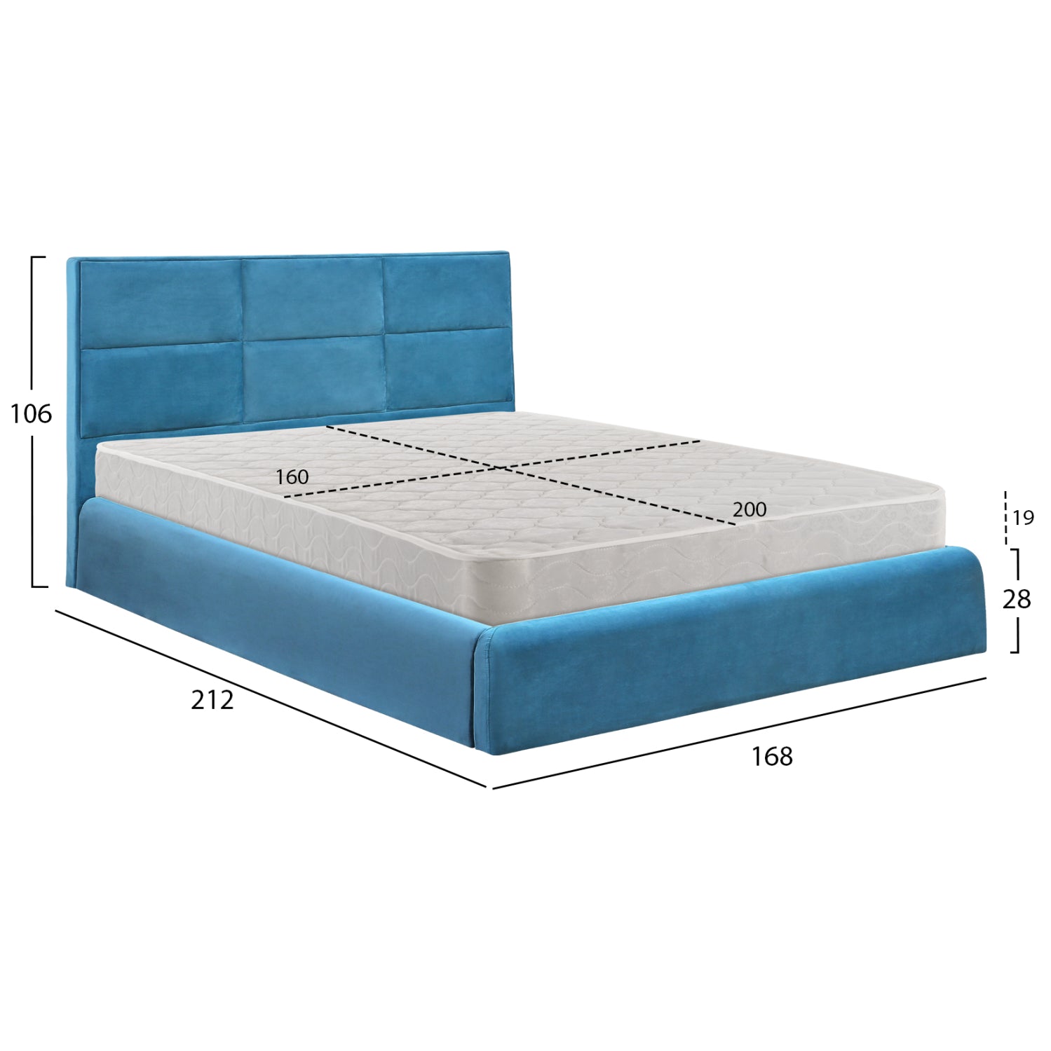 DOUBLE BED WITH MATTRESS BRILEY HM21272.04 ROYAL BLUE VELVET WITH STORAGE SPACE--FOR 160x200cm