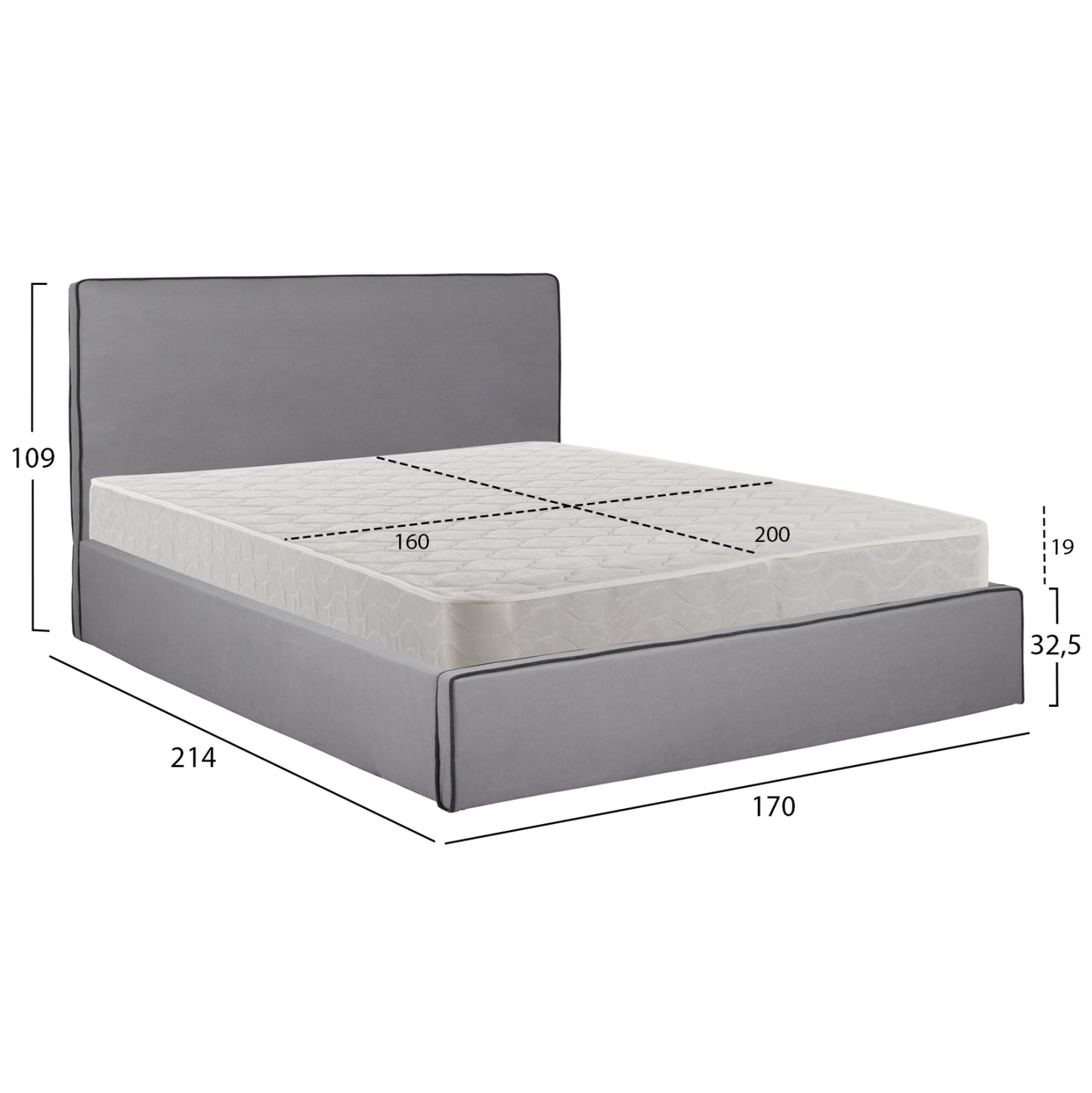 DOUBLE BED WITH MATTRESS ALLIE HM21273.01 GREY FABRIC WITH STORAGE SPACE--FOR 160x200cm.