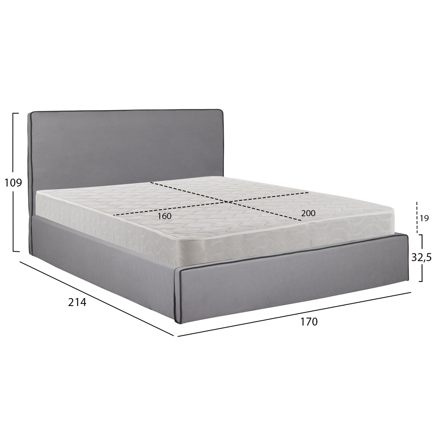 DOUBLE BED WITH MATTRESS ALLIE HM21273.01 GREY FABRIC WITH STORAGE SPACE--FOR 160x200cm.
