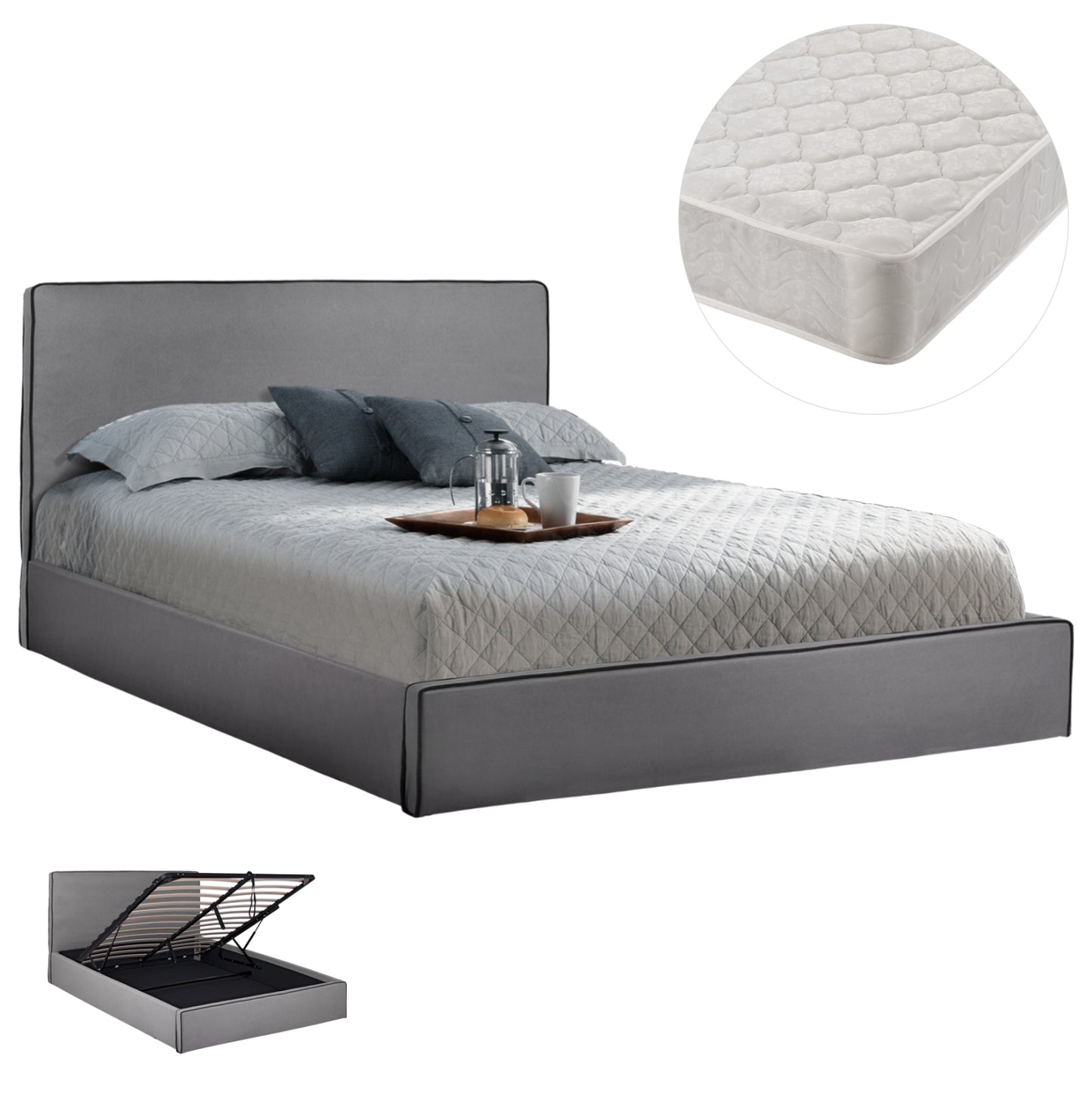 DOUBLE BED WITH MATTRESS ALLIE HM21273.01 GREY FABRIC WITH STORAGE SPACE--FOR 160x200cm.