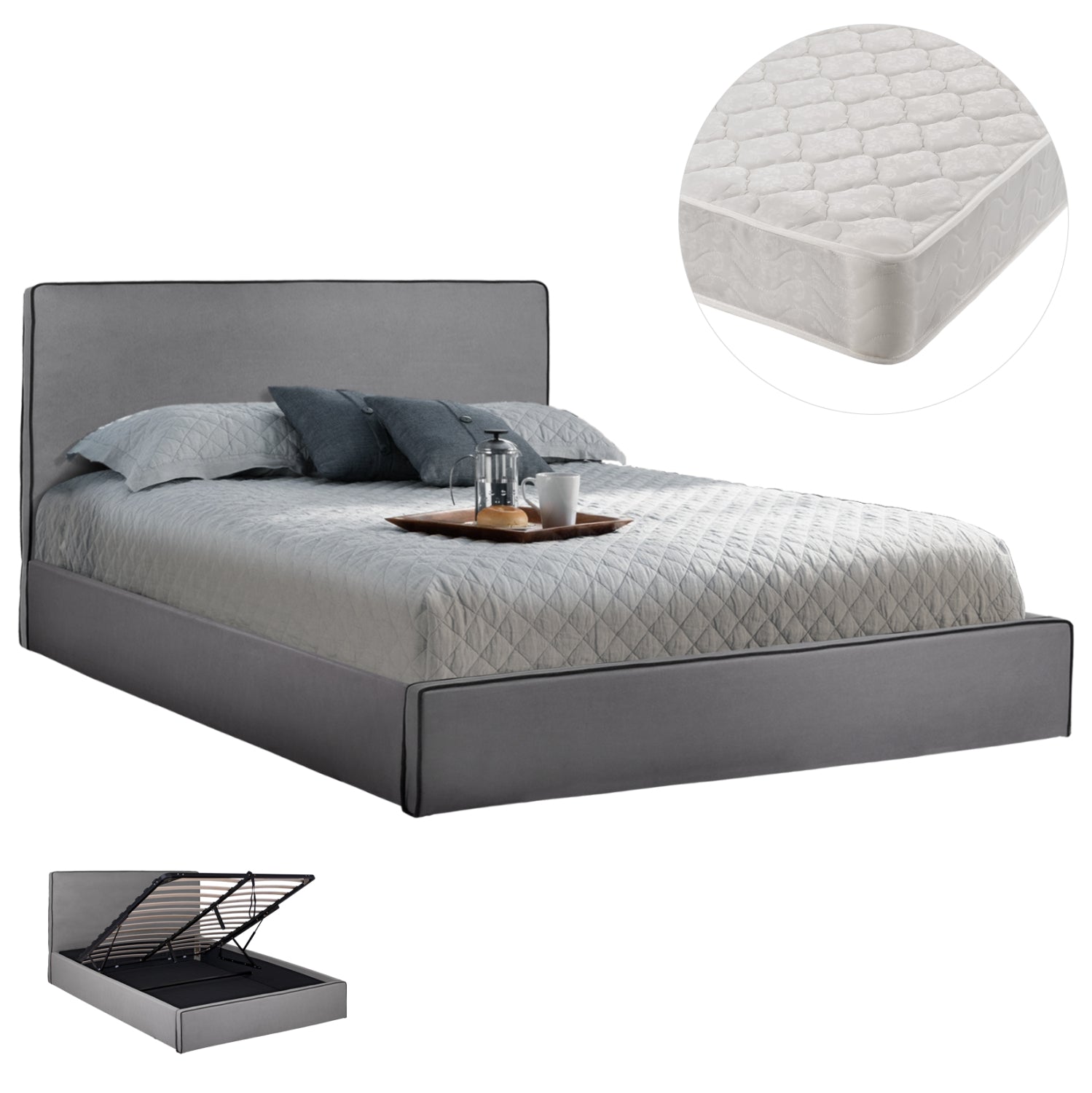 DOUBLE BED WITH MATTRESS ALLIE HM21273.01 GREY FABRIC WITH STORAGE SPACE--FOR 160x200cm.