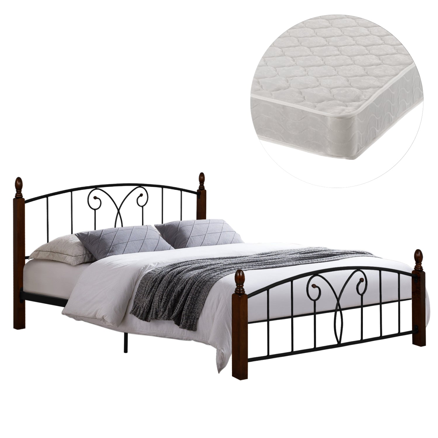 DOUBLE BED WITH MATTRESS SUZIE HM21332 METAL & WOOD IN WALNUT--MATTRESS 150x200cm