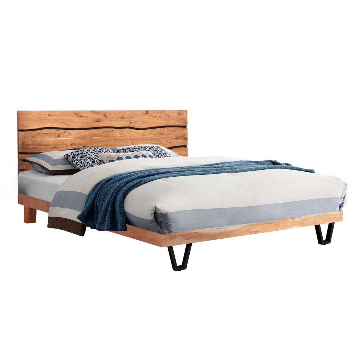 BED ALICIA HM8359.21 METAL-SOLID ACACIA WOOD-LIGHT NATURAL-MATTRESS 160x200cm.