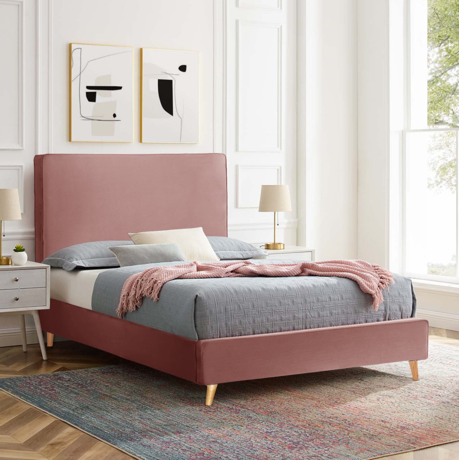 SEMI-DOUBLE BED WITH MATTRESS MAYLIN HM10758.01 DUSTY PINK VELVET--MATTRESS 120X200cm