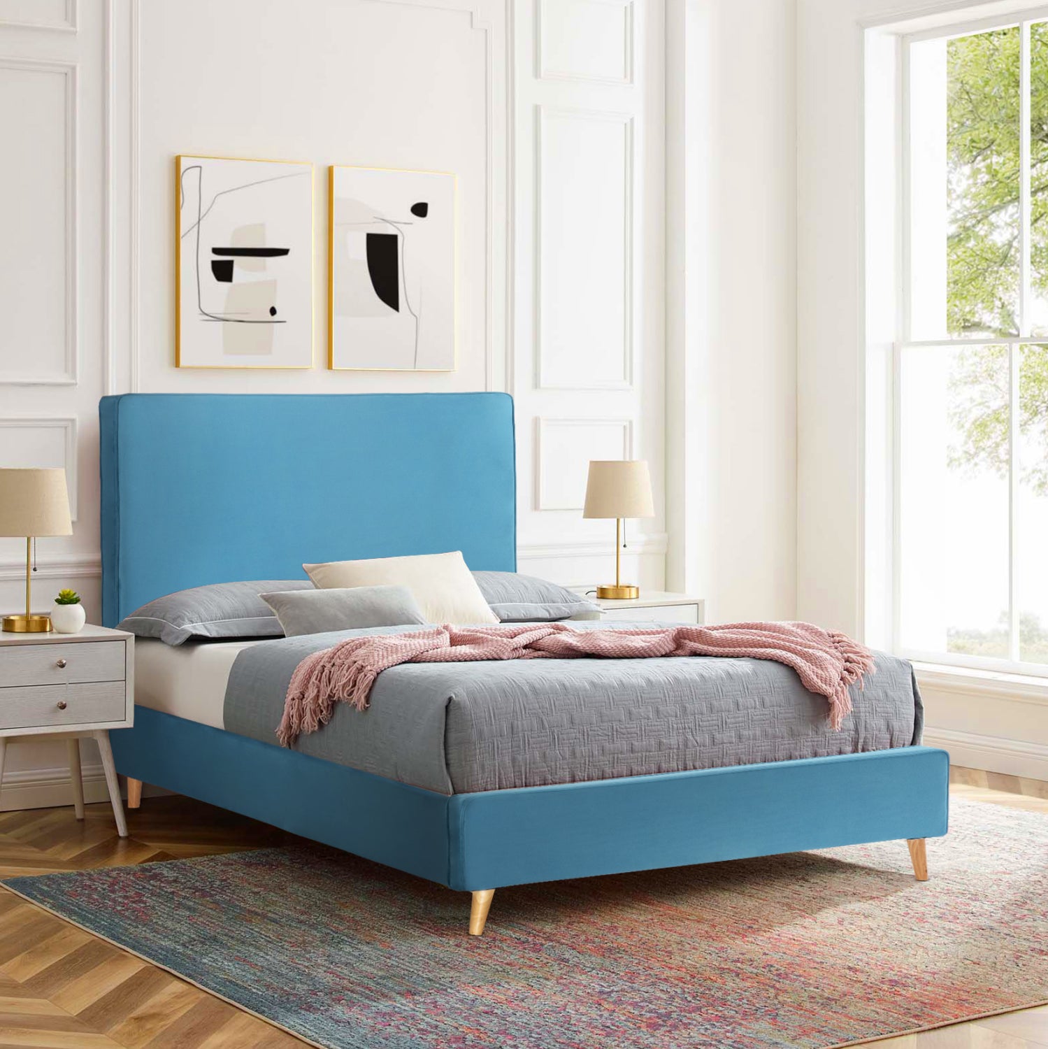 SEMI-DOUBLE BED WITH MATTRESS MAYLIN HM10758.02 TURQUOISE VELVET--MATTRESS 120X200cm