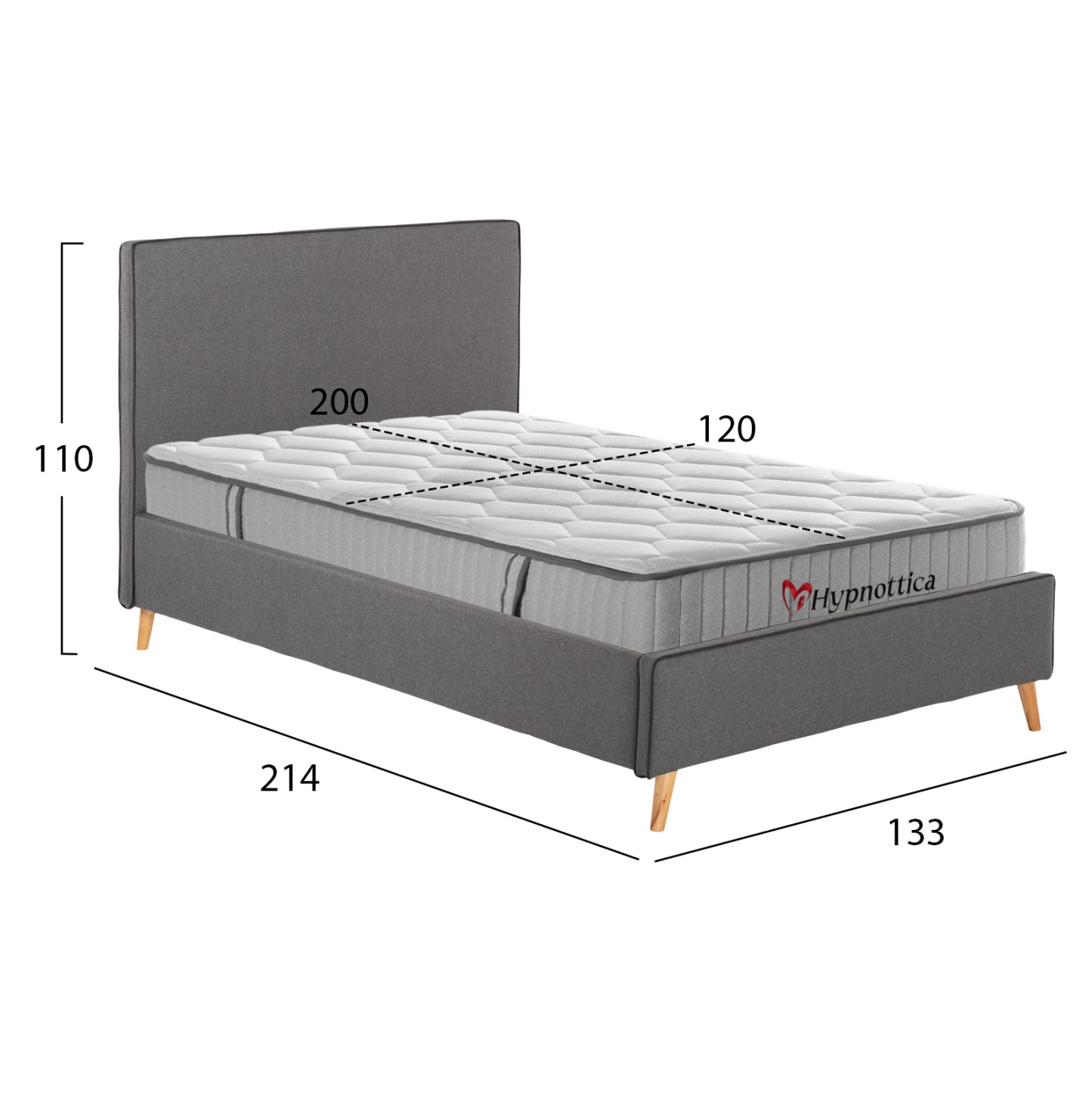 SEMI-DOUBLE BED WITH MATTRESS MAYLIN HM10758.03 GREY FABRIC--MATTRESS 120X200cm