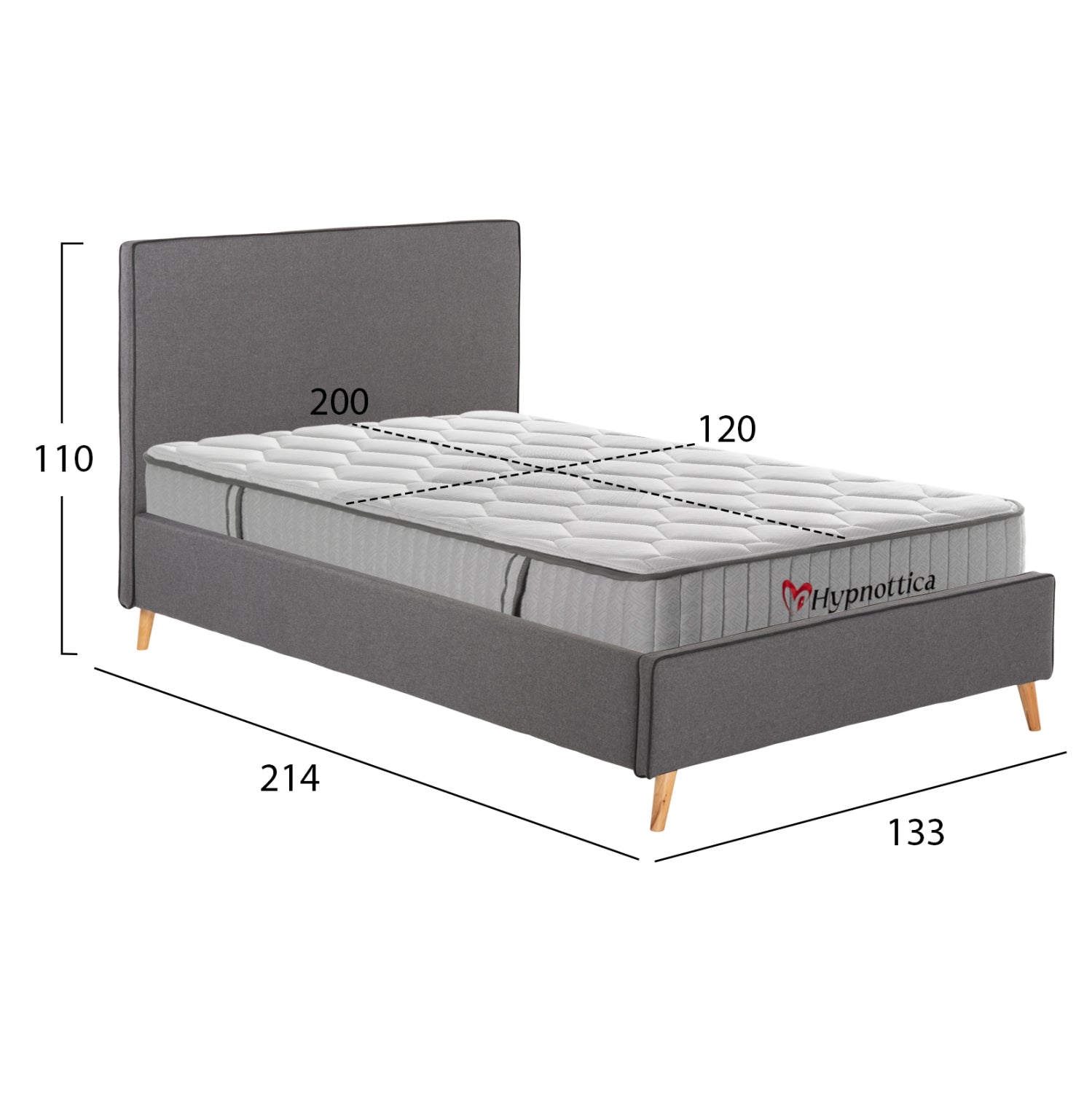 SEMI-DOUBLE BED WITH MATTRESS MAYLIN HM10758.03 GREY FABRIC--MATTRESS 120X200cm