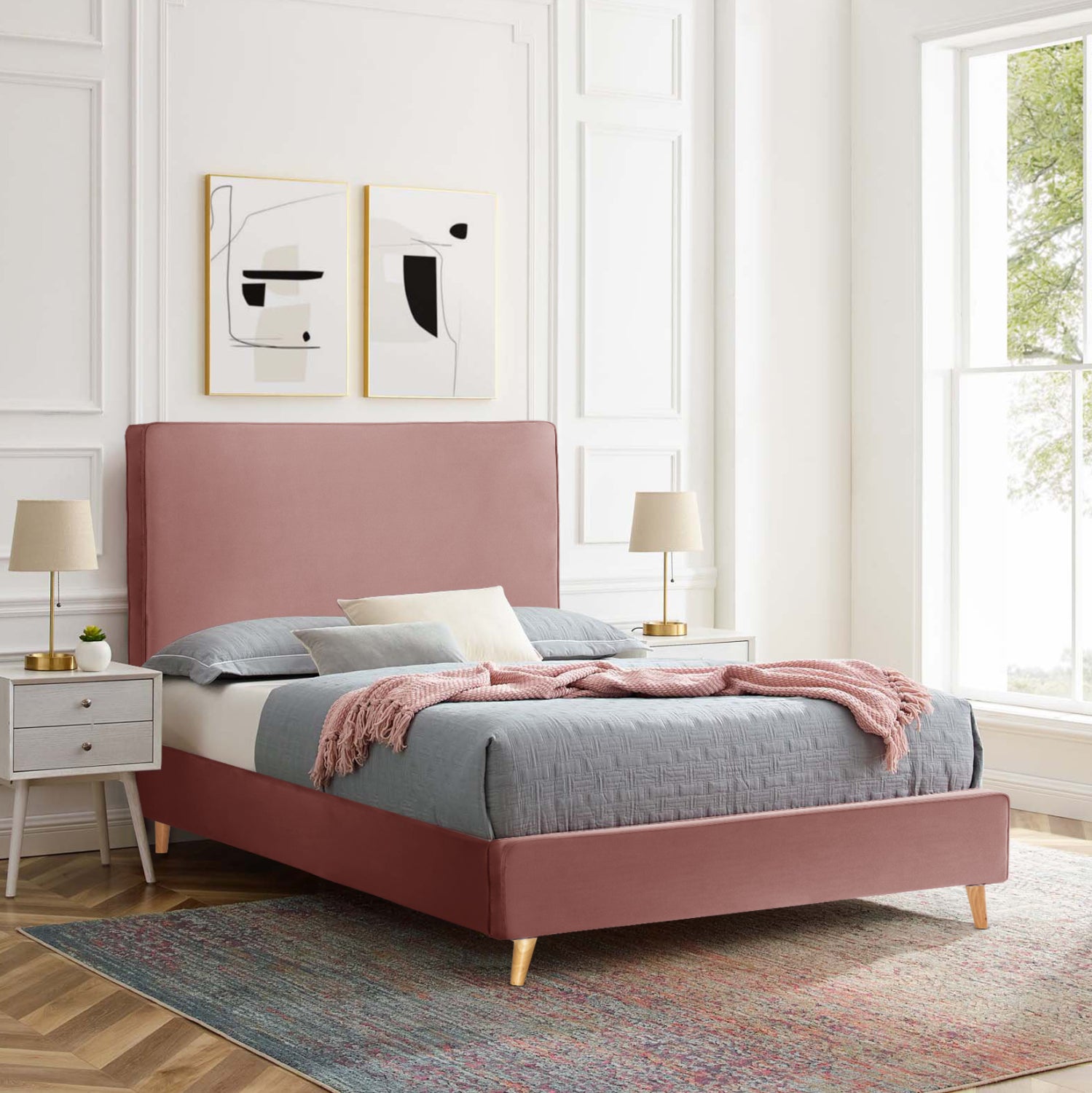 SEMI-DOUBLE BED WITH MATTRESS MAYLIN HM10802 DUSTY PINK VELVET--MATTRESS 120X200cm