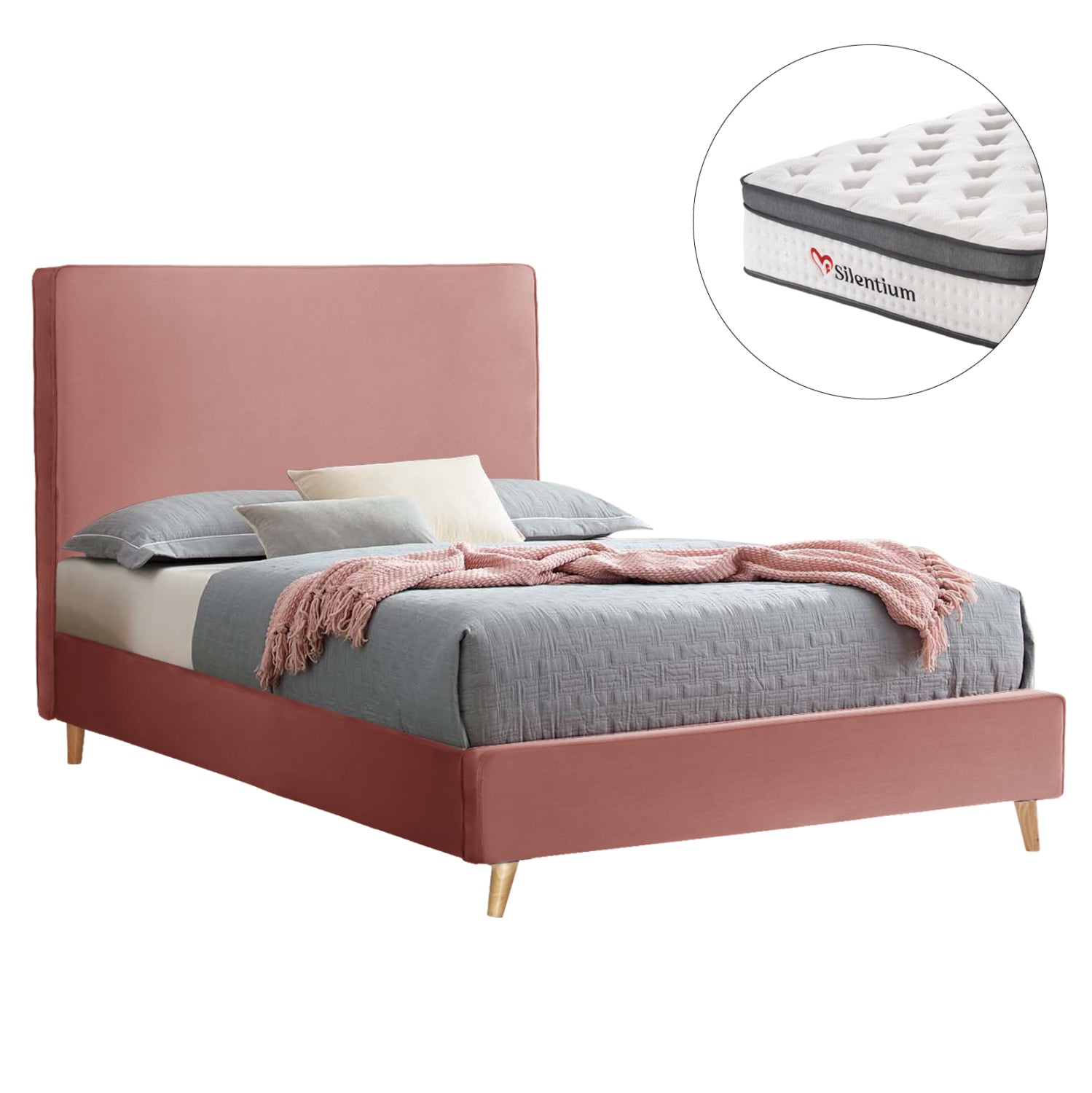SEMI-DOUBLE BED WITH MATTRESS MAYLIN HM10802 DUSTY PINK VELVET--MATTRESS 120X200cm