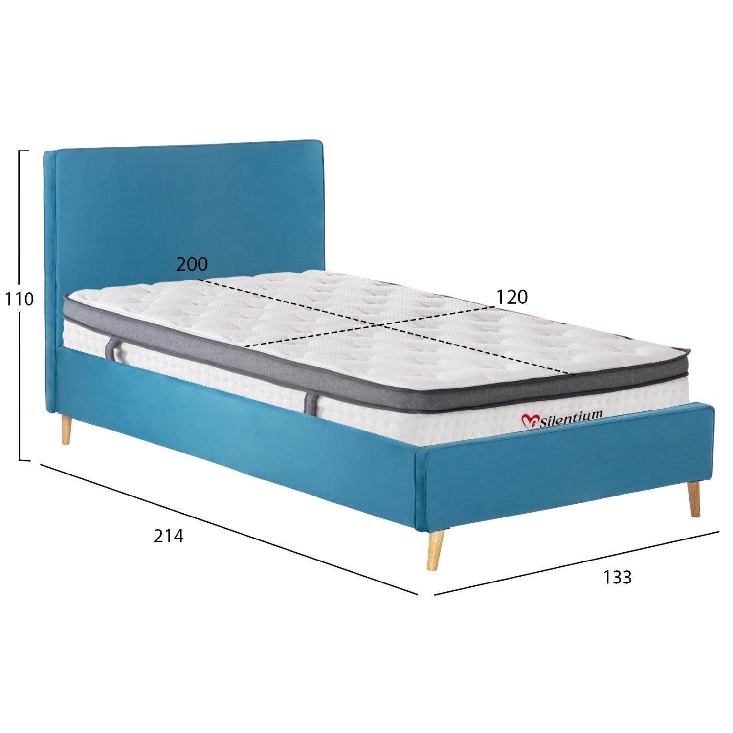 SEMI-DOUBLE BED WITH MATTRESS MAYLIN HM10802.01 TURQUOISE VELVET--MATTRESS 120X200cm