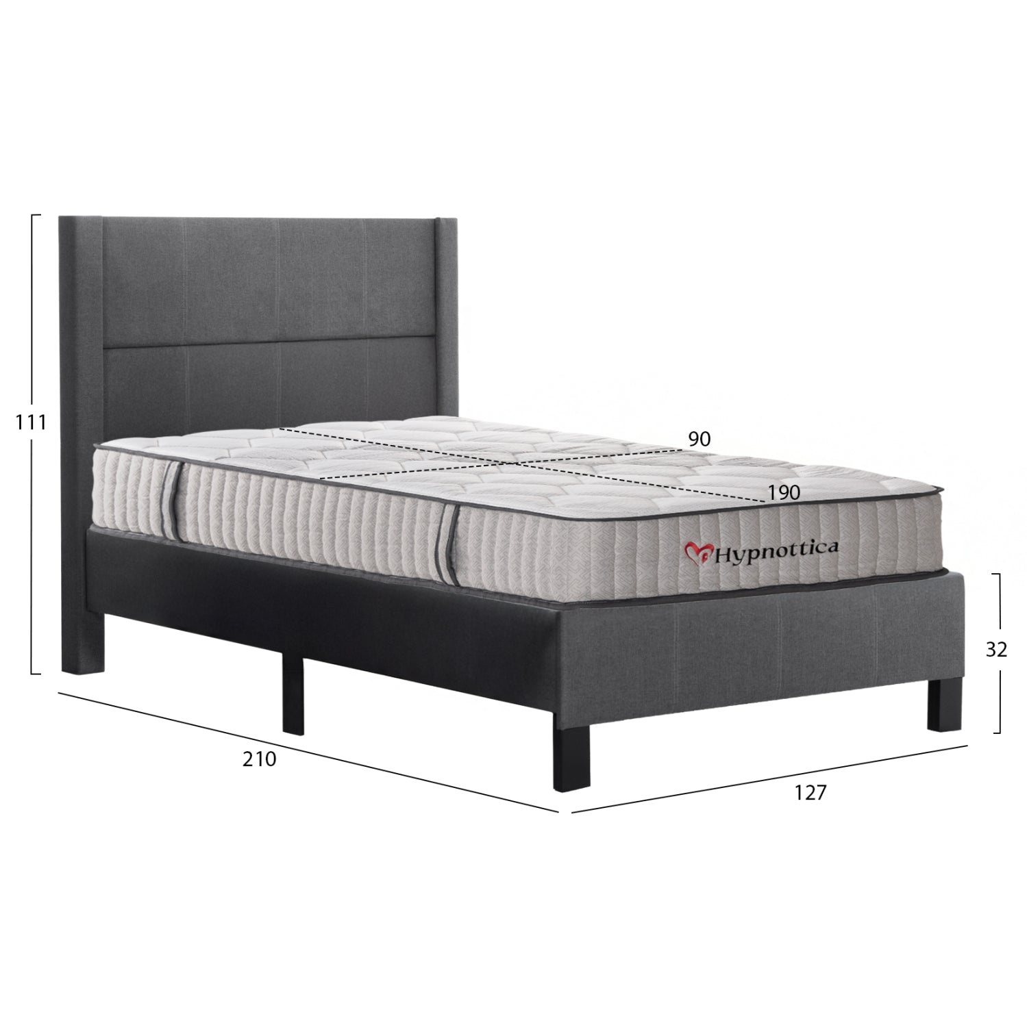 SEMI-DOUBLE BED WITH MATTRESS TRILLOP HM10757.01 GREY FABRIC--FOR 120X200cm.