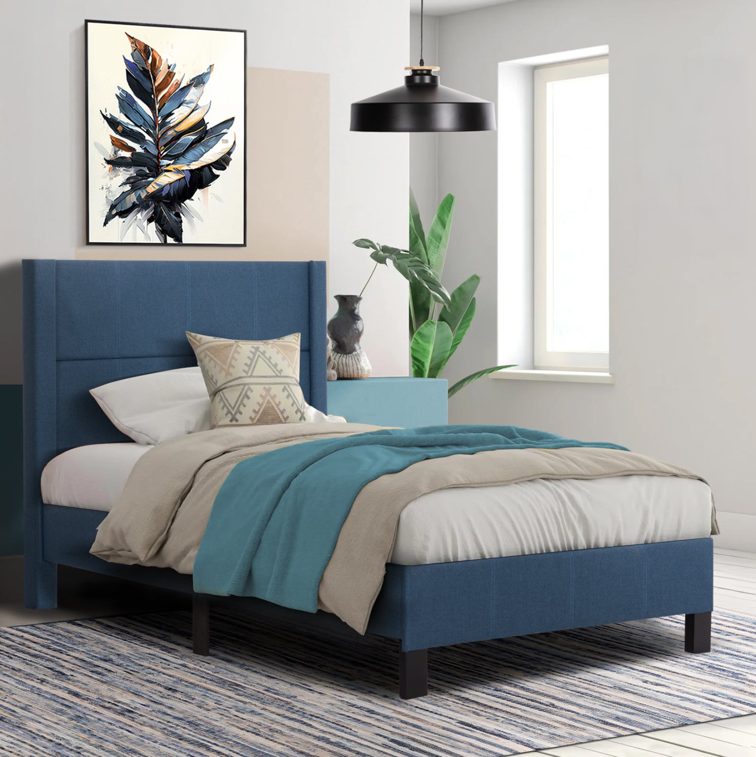 SEMI-DOUBLE BED WITH MATTRESS TRILLOP HM10757.02 BLUE FABRIC--FOR 120X200cm.