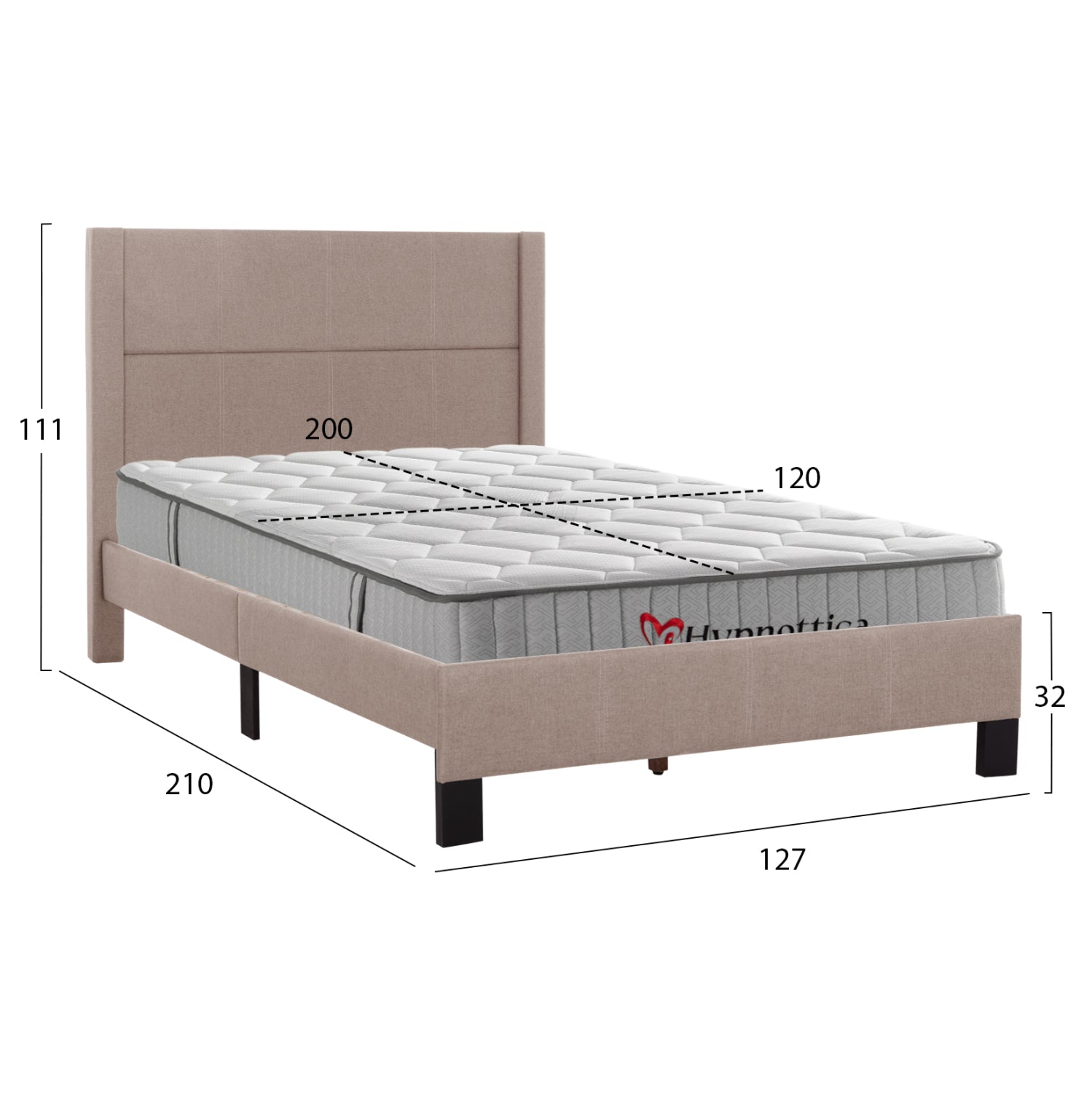 SEMI-DOUBLE BED WITH MATTRESS TRILLOP HM10757.03 BEIGE FABRIC--FOR 120X200cm.