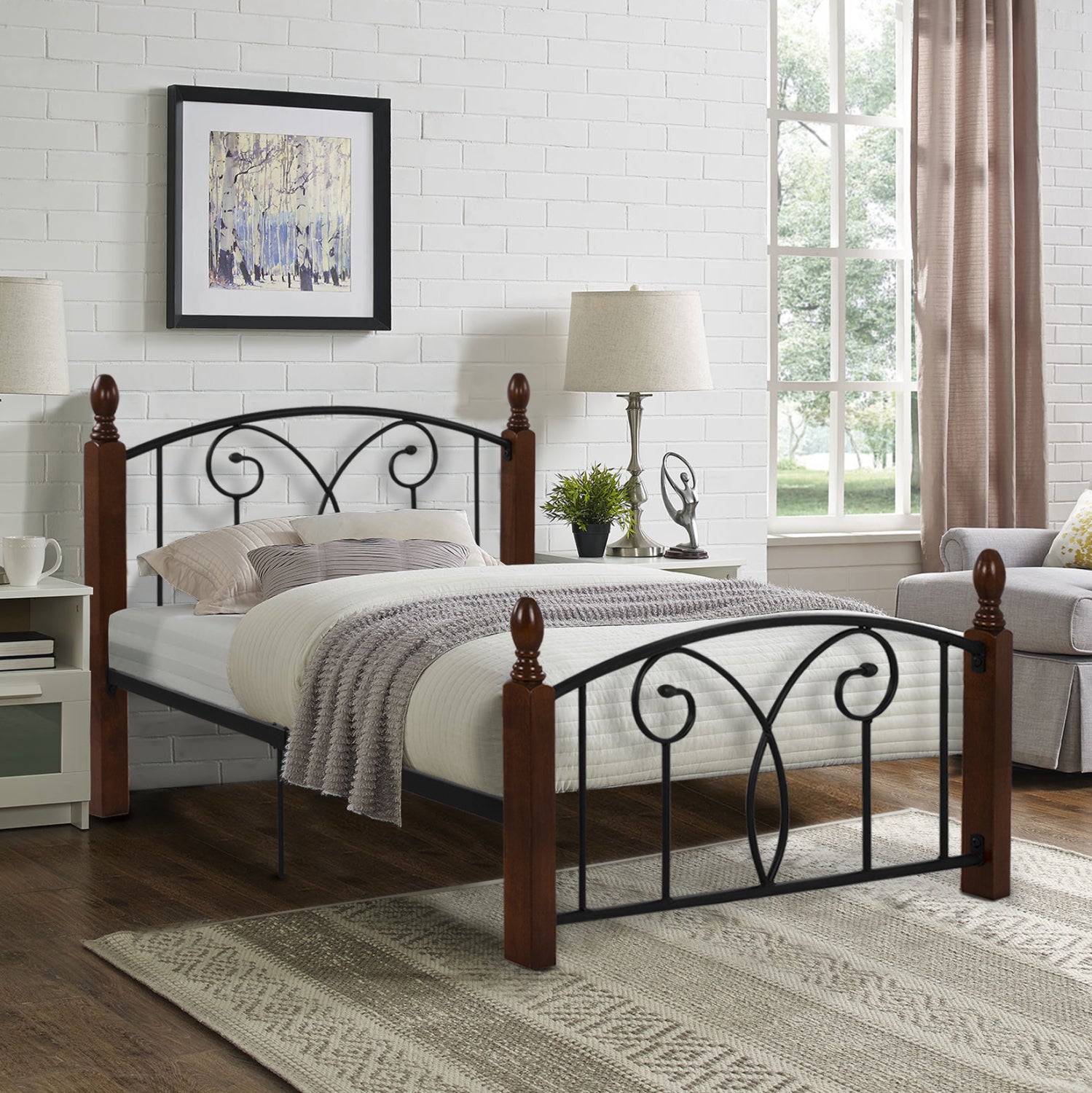 SEMI-DOUBLE BED WITH MATTRESS SUZIE HM21333 METAL & WOOD IN WALNUT--MATTRESS 110x190cm
