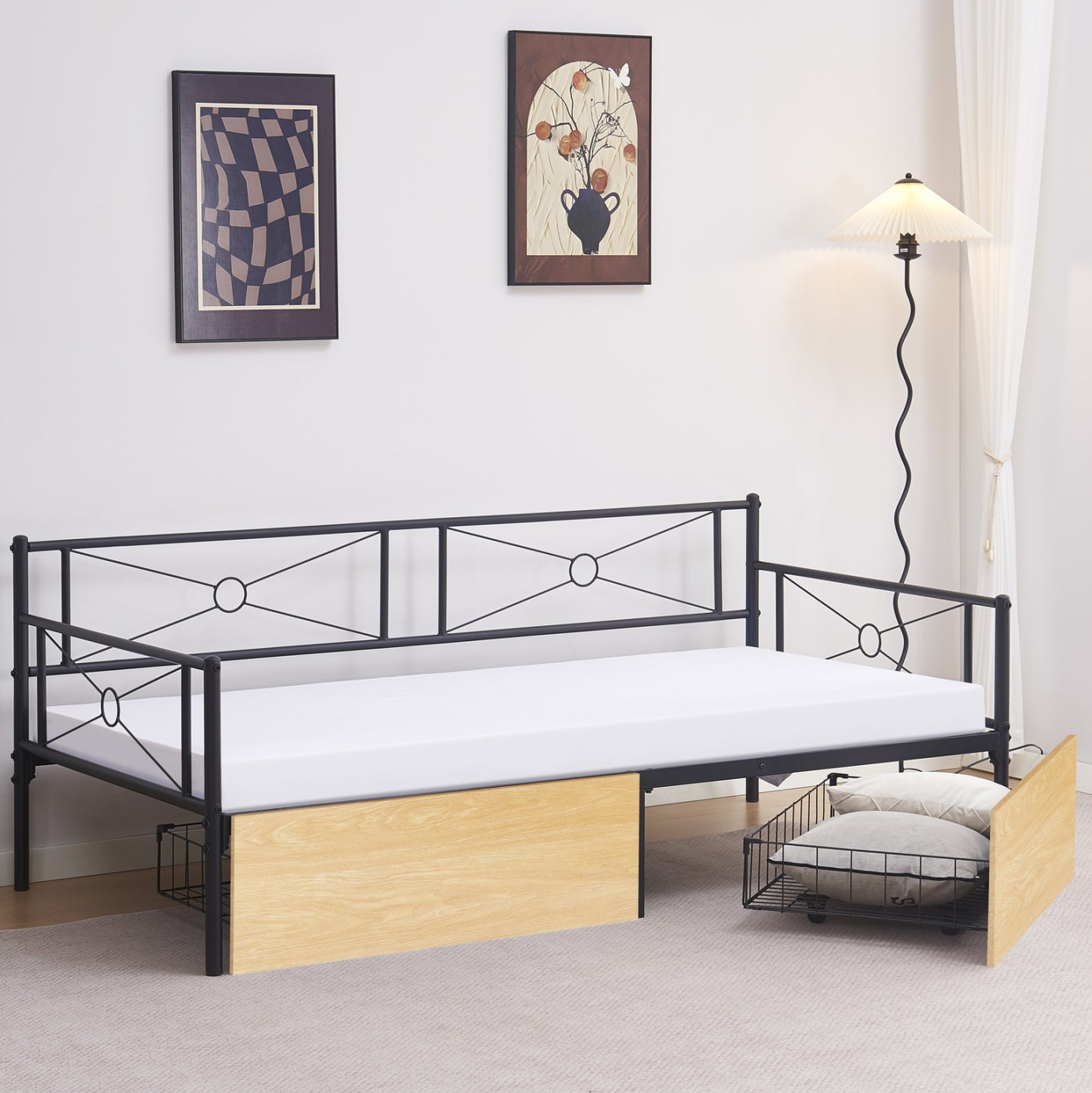 SOFA-BED BERNIE HM21120.02 METAL FRAME IN BLACK & SONAMA DRAWERS- FOR MATTRESS 190x90cm.