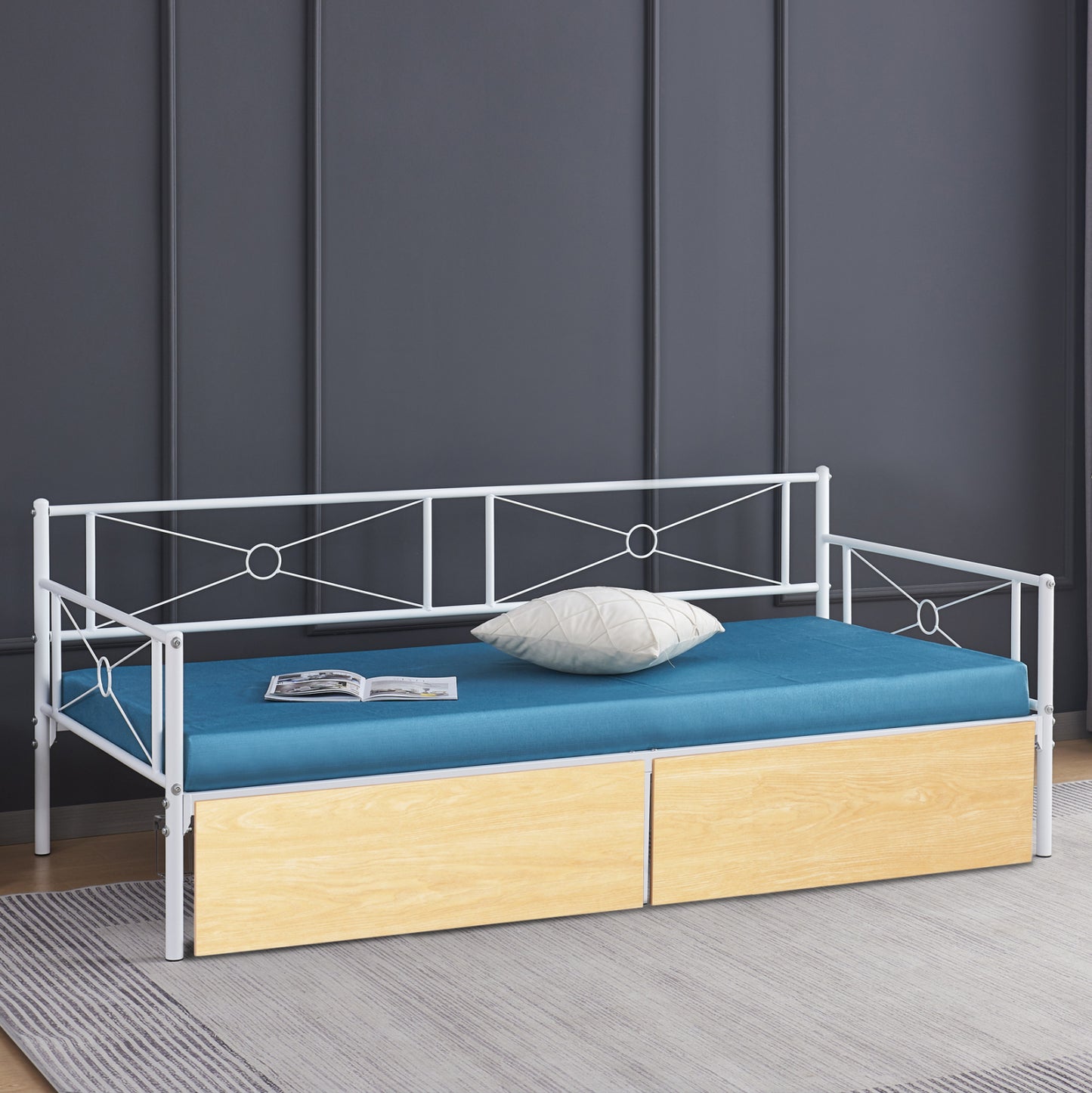 SOFA-BED BERNIE HM21121.02 METAL FRAME IN WHITE & SONAMA DRAWERS- FOR MATTRESS 190x90cm.