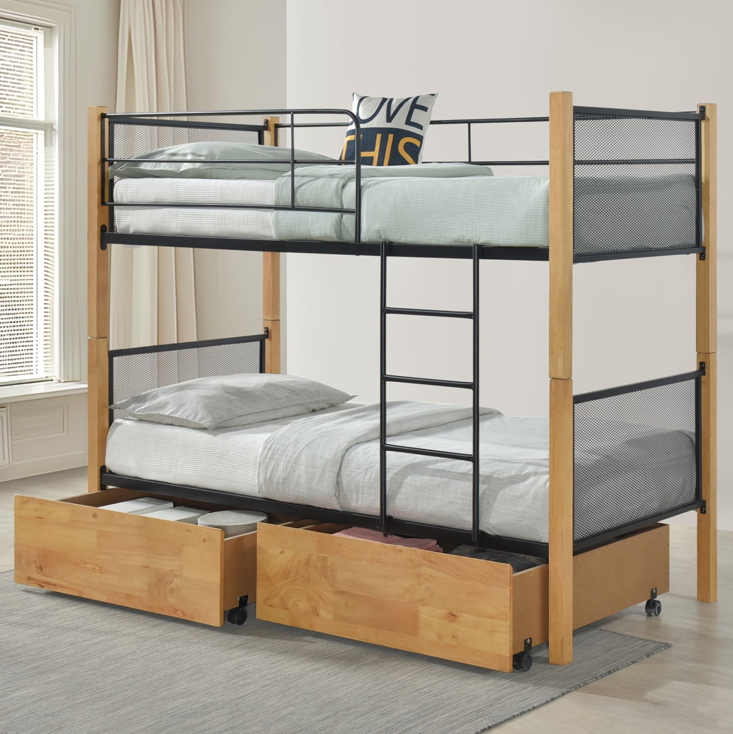 BUNK BED WITH FLOOR DRAWERS RAYVEN HM21119.02 WOOD IN BEECH COLOR-METAL--FOR MATTRESS 90x190cm.