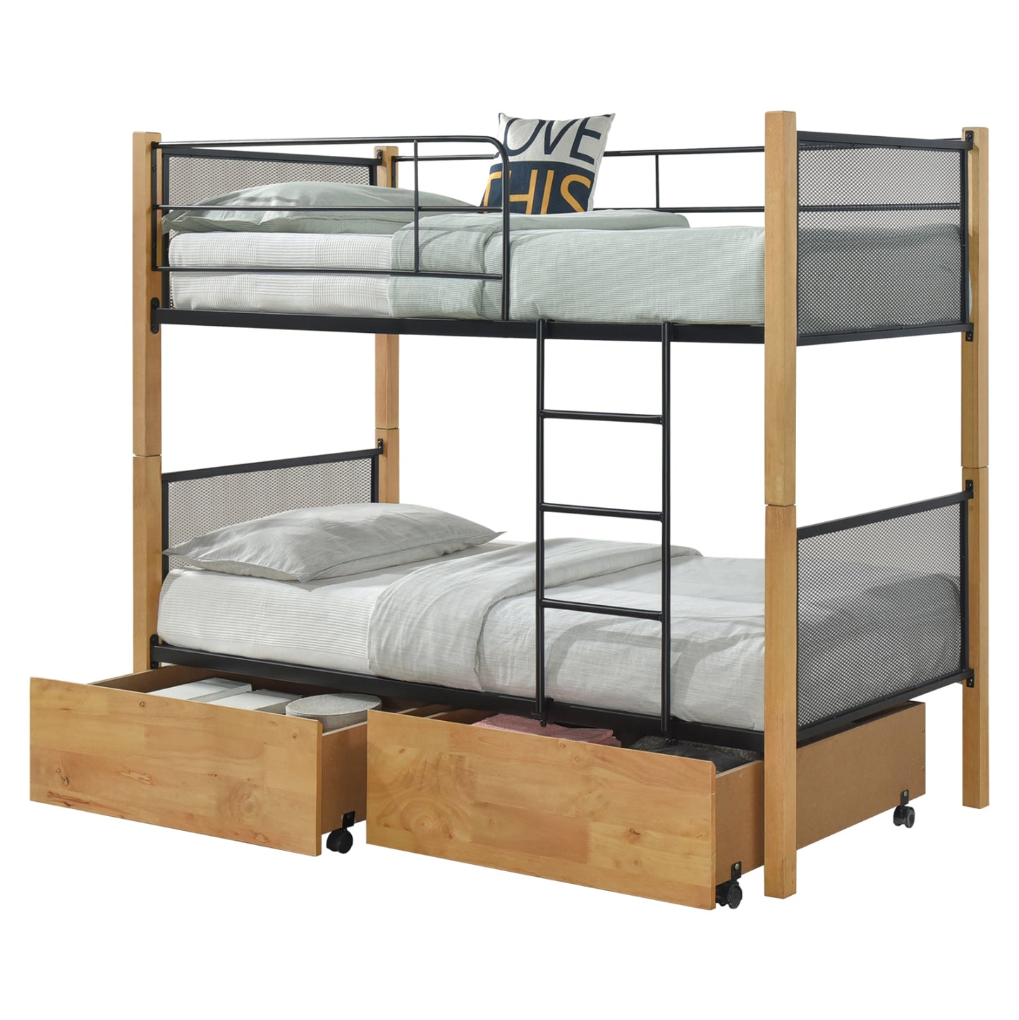 BUNK BED WITH FLOOR DRAWERS RAYVEN HM21119.02 WOOD IN BEECH COLOR-METAL--FOR MATTRESS 90x190cm.