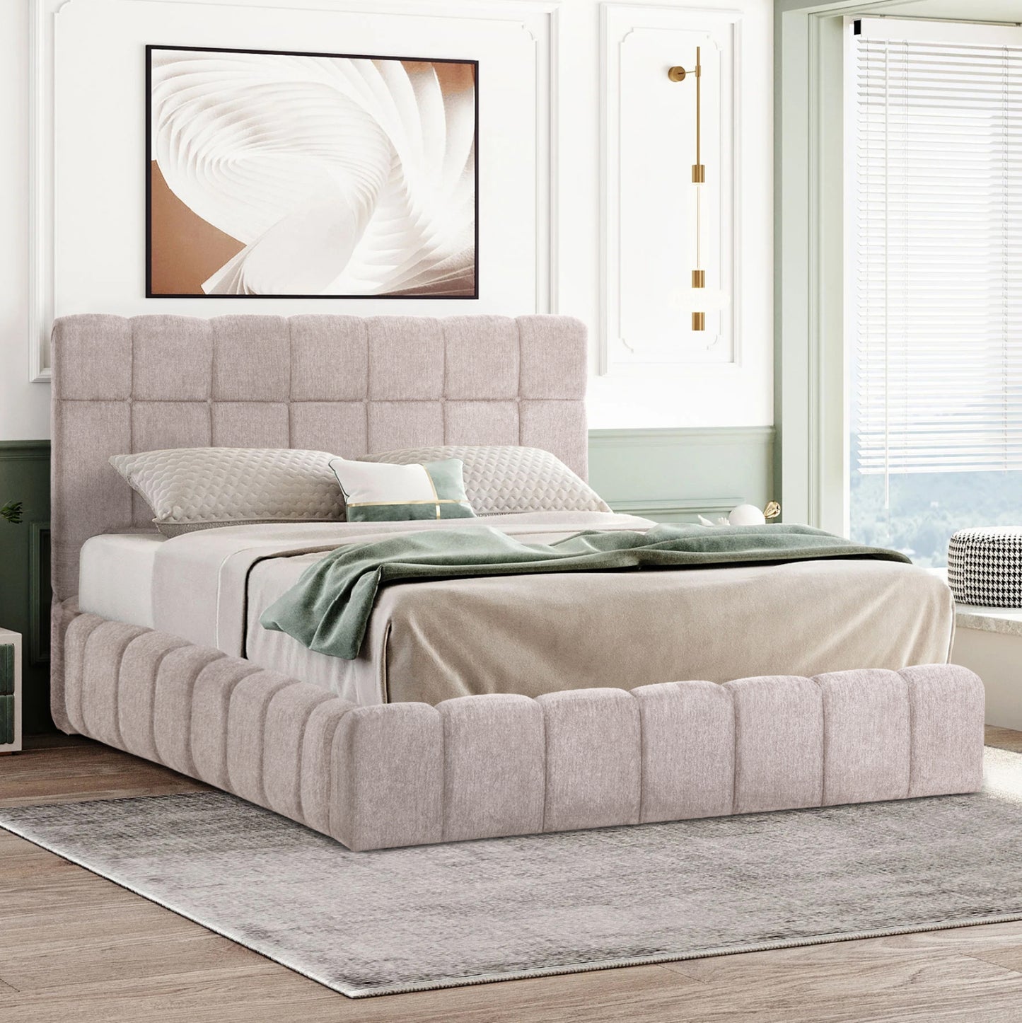 BED WITH STORAGE SPACE RAMON HM720.10 TEDDY FABRIC IN BEIGE-FOR MATTRESS 160x200cm.