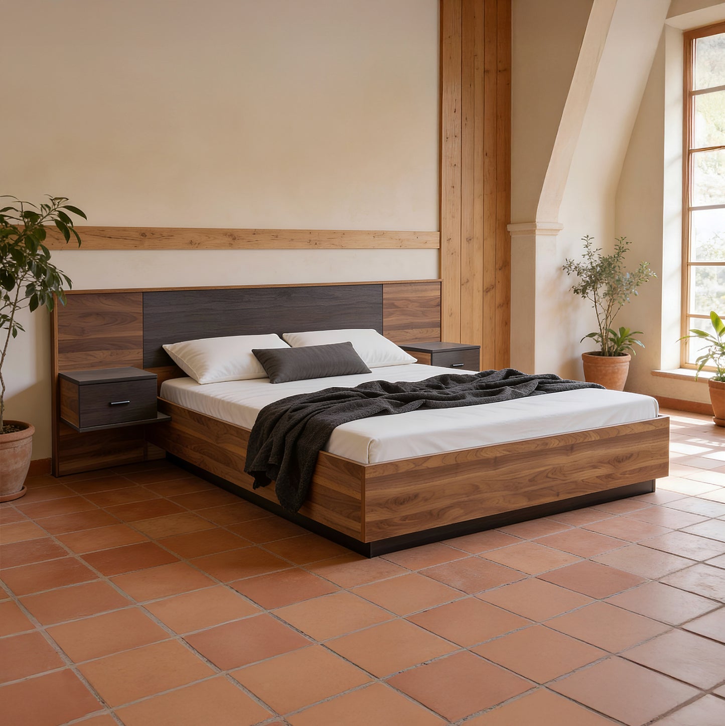 DOUBLE BED WITH NIGHTSTANDS CARYS HM744.11 MELAMINE IN WALNUT/ZEBRANO--MATTRESS 160x200cm