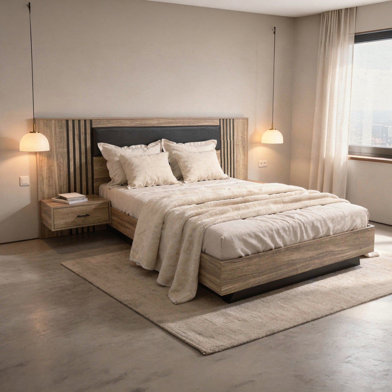 DOUBLE BED WITH NIGHTSTANDS HARRY HM750.01 MELAMINE IN NATURAL/BLACK--MATTRESS 160x200cm