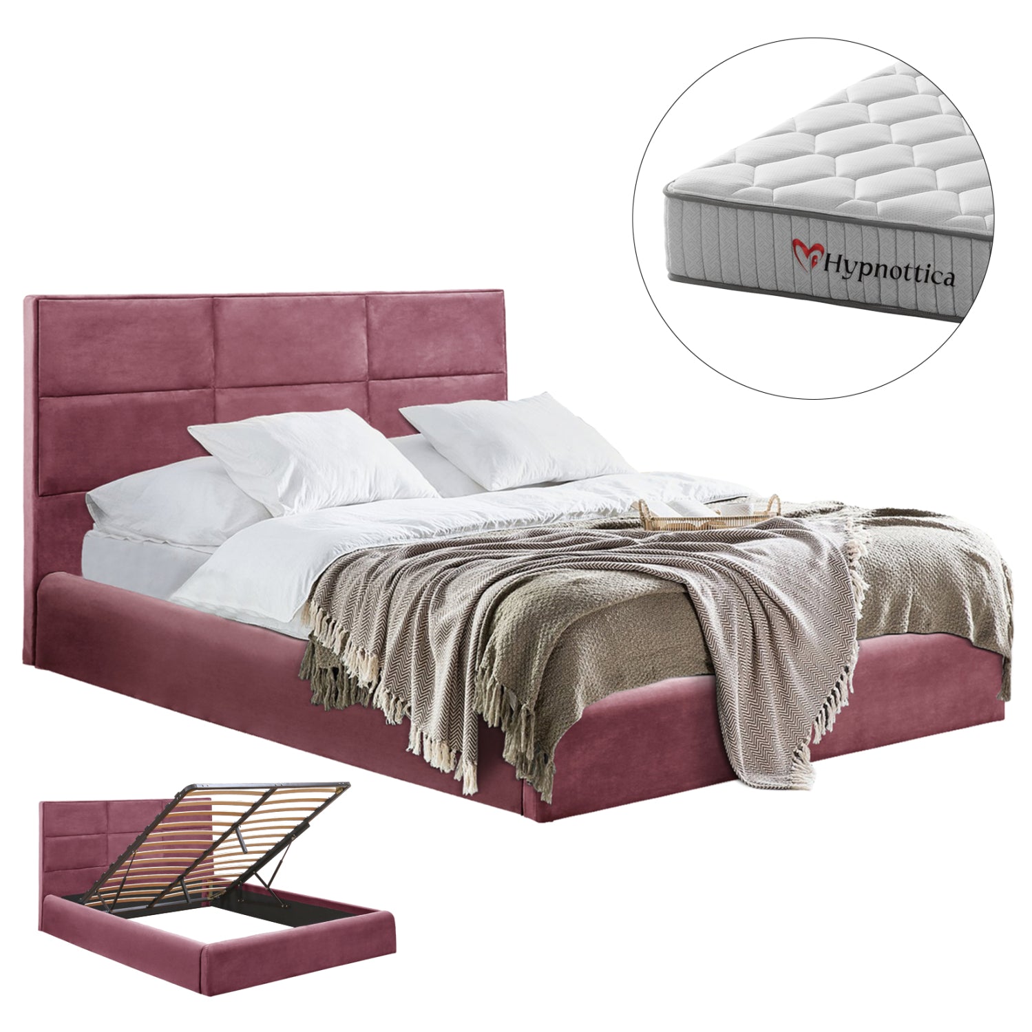 BED WITH MATTRESS & STORAGE SPACE BRILEY HM10765.02 DUSTY PINK VELVET--FOR MATTRESS 160x200cm.