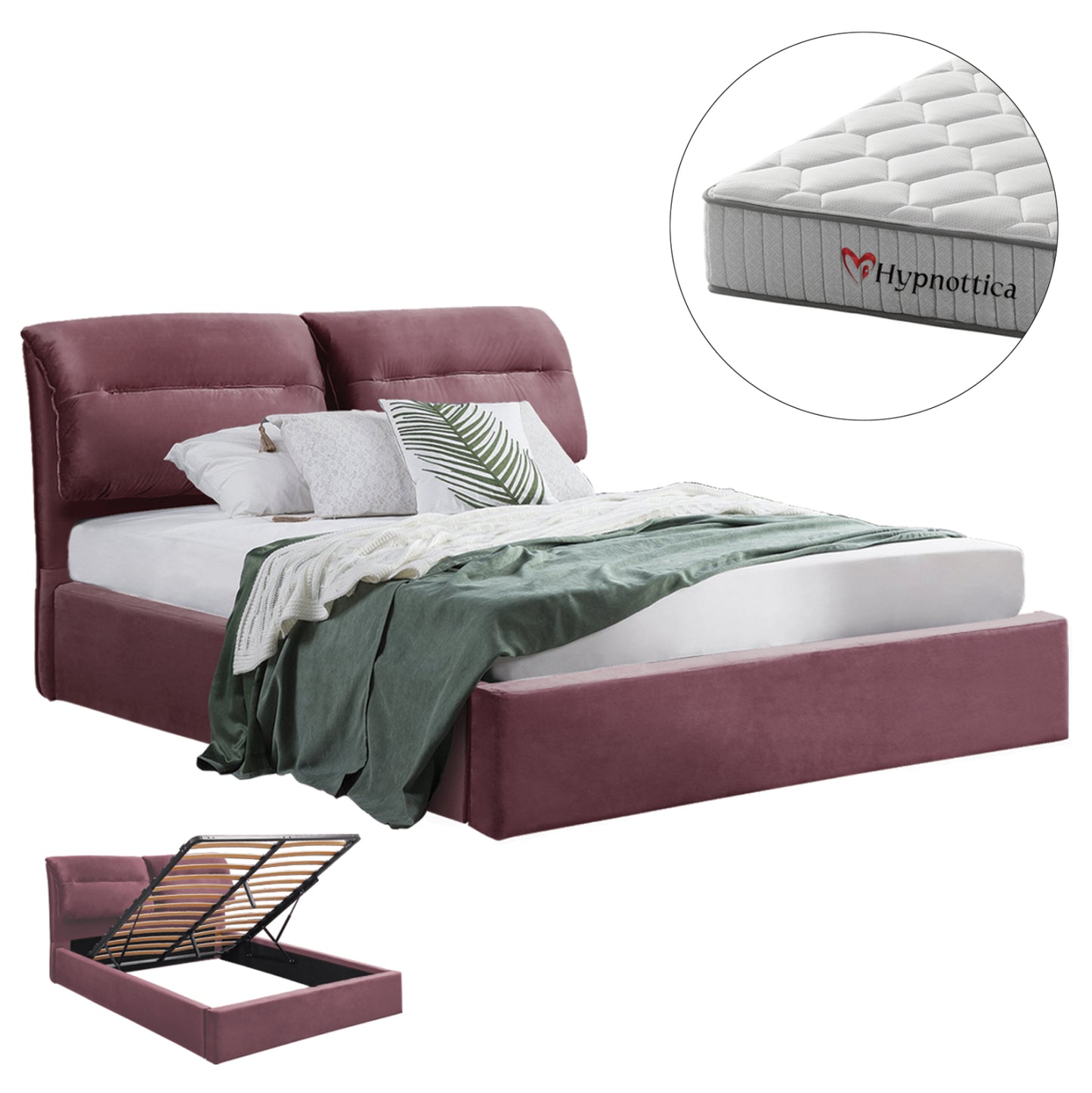 BED WITH MATTRESS & STORAGE SPACE KENDRA HM10767.02 DUSTY PINK VELVET--FOR MATTRESS 160x200cm.