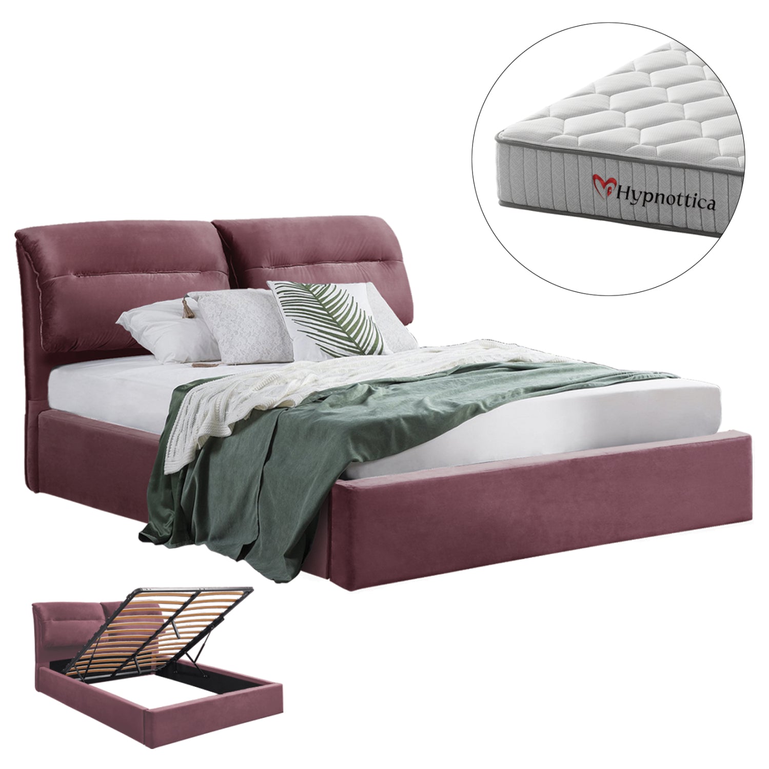 BED WITH MATTRESS & STORAGE SPACE KENDRA HM10767.02 DUSTY PINK VELVET--FOR MATTRESS 160x200cm.