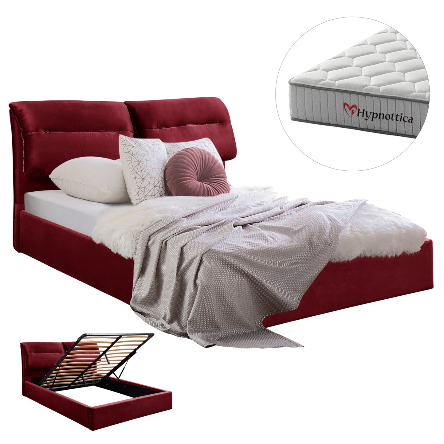BED WITH MATTRESS & STORAGE SPACE KENDRA HM10767.03 BURGUNDY RED VELVET--FOR MATTRESS 160x200cm.