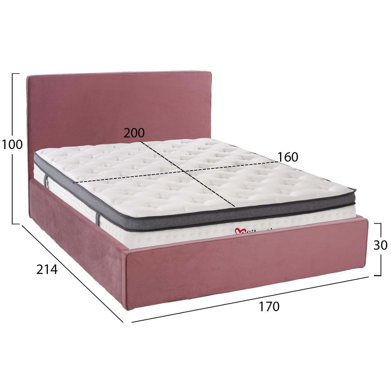 BED WITH MATTRESS & STORAGE SPACE ALLIE HM10805.12 DUSTY PINK VELVET--MATTRESS 160Χ200cm