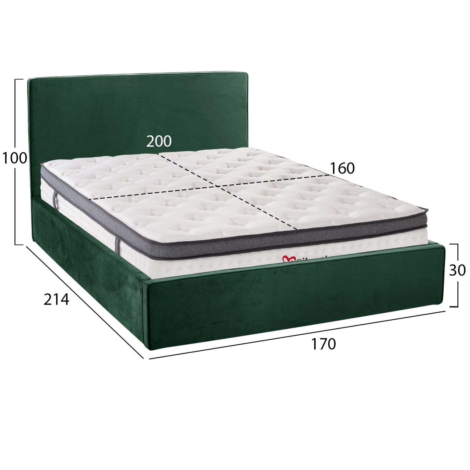 BED WITH MATTRESS & STORAGE SPACE ALLIE HM10805.13 CYPRESS GREEN VELVET--MATTRESS 160Χ200cm