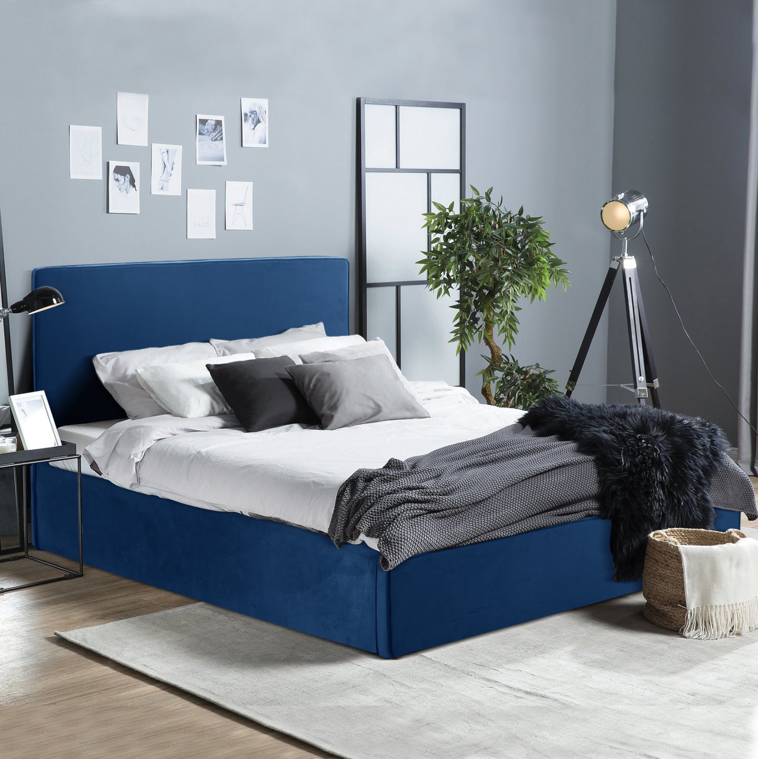 BED WITH MATTRESS & STORAGE SPACE ALLIE HM10805.18 BLUE VELVET--MATTRESS 160Χ200cm
