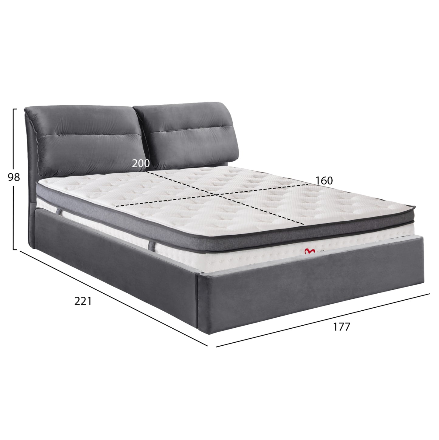 BED WITH MATTRESS & STORAGE SPACE KENDRA HM10809.01 GREY VELVET--FOR MATTRESS 160x200cm.