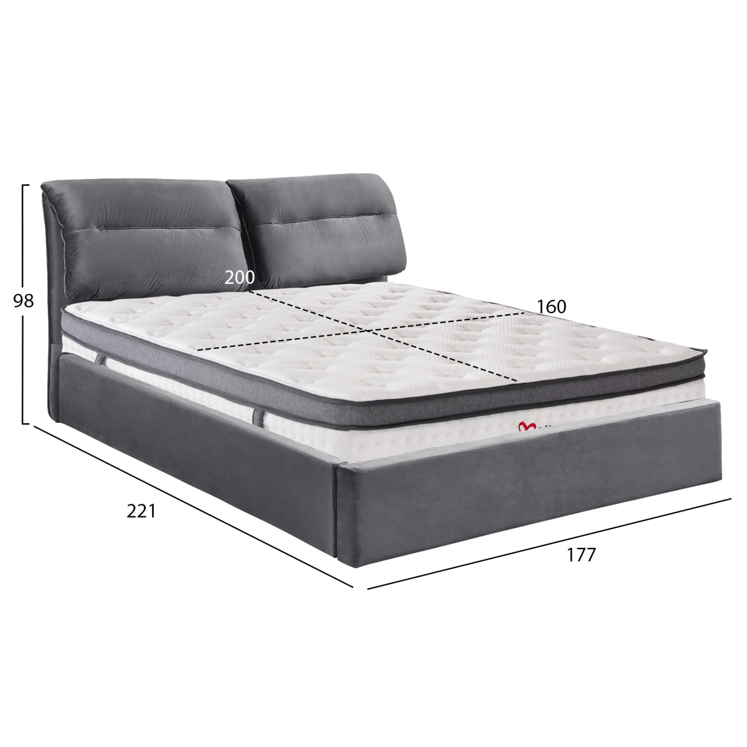 BED WITH MATTRESS & STORAGE SPACE KENDRA HM10809.01 GREY VELVET--FOR MATTRESS 160x200cm.