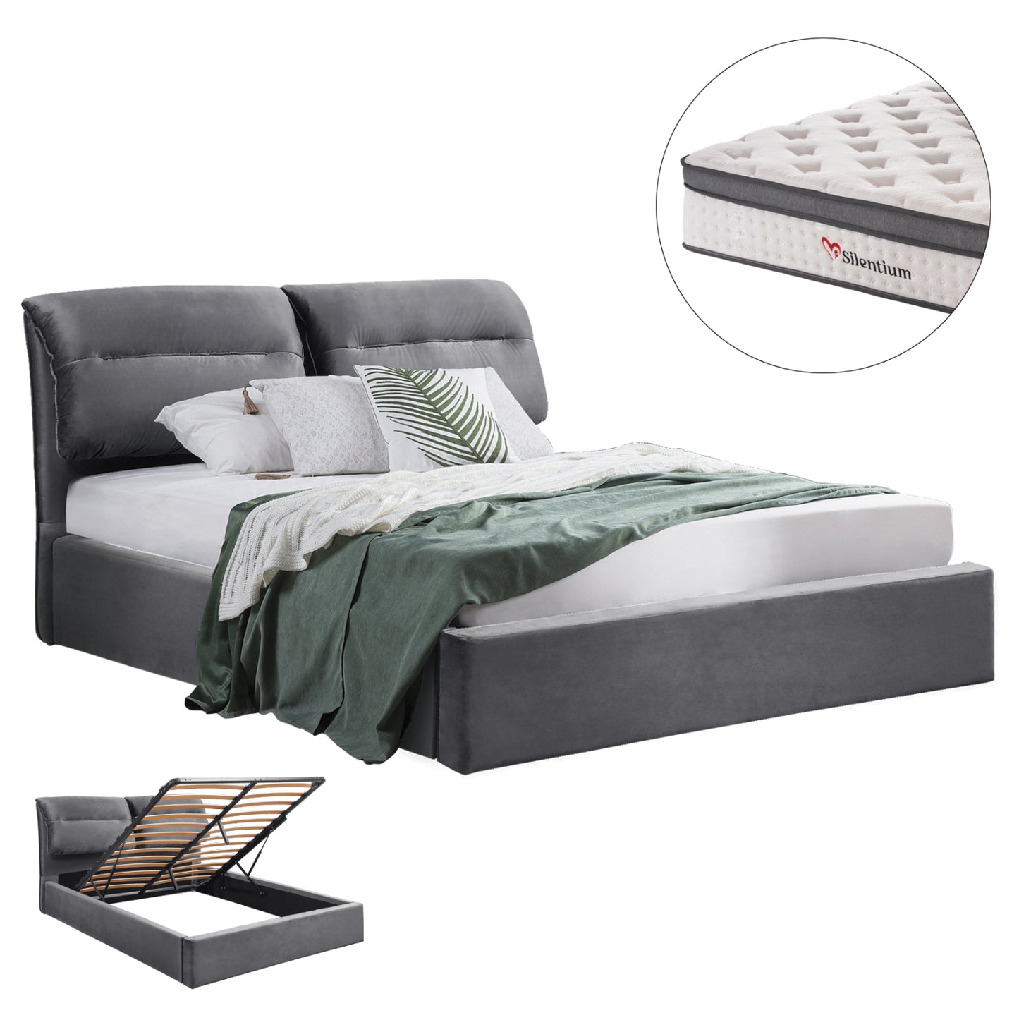 BED WITH MATTRESS & STORAGE SPACE KENDRA HM10809.01 GREY VELVET--FOR MATTRESS 160x200cm.