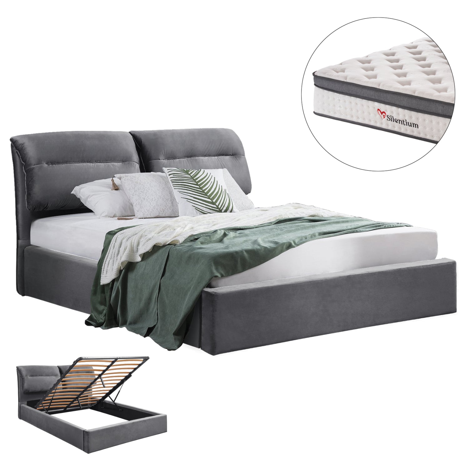 BED WITH MATTRESS & STORAGE SPACE KENDRA HM10809.01 GREY VELVET--FOR MATTRESS 160x200cm.