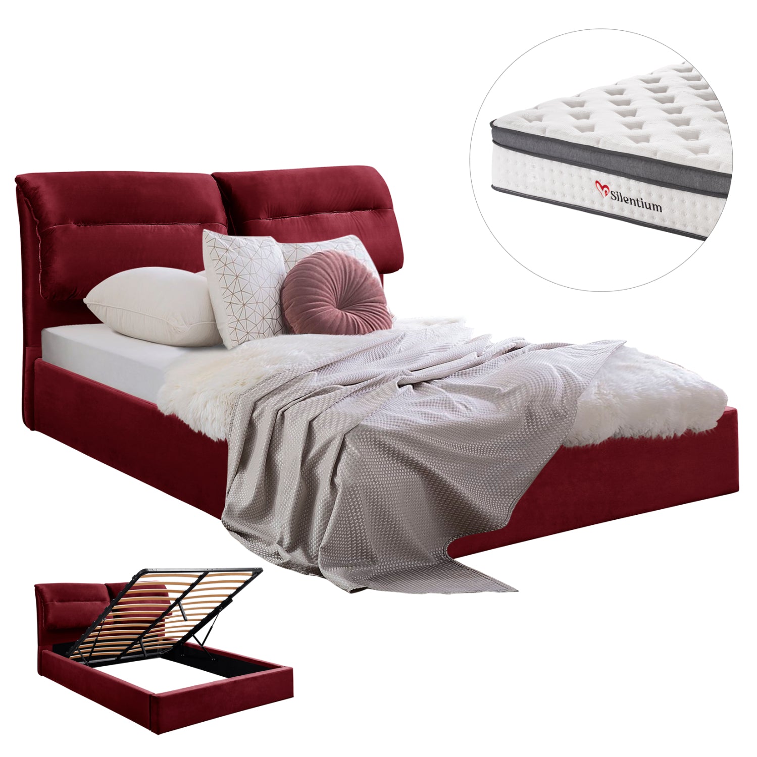 BED WITH MATTRESS & STORAGE SPACE KENDRA HM10809.06 BURGUNDY RED VELVET--FOR MATTRESS 160x200cm.