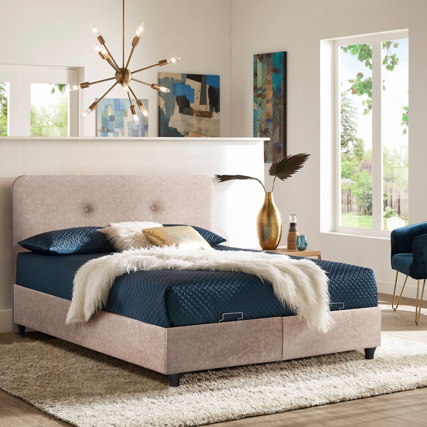 BED WITH MATTRESS DOUBLE DOLORES HM21165 BEIGE FABRIC & STORAGE SPACE--FOR 160x200cm