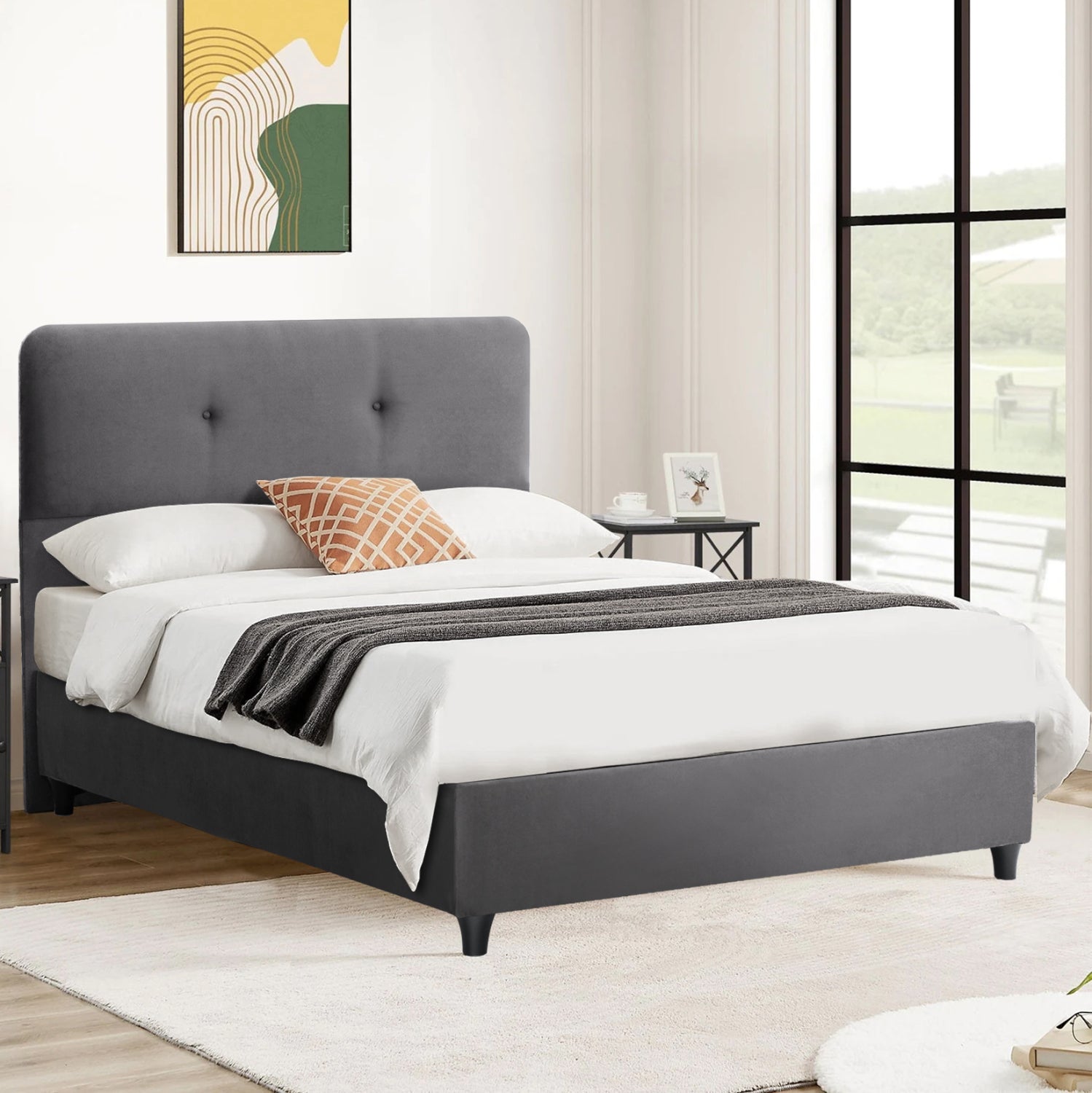 SEMI-DOUBLE BED WITH MATTRESS DOLORES HM10746.01 VELVET IN GREY--FOR 120x200cm.