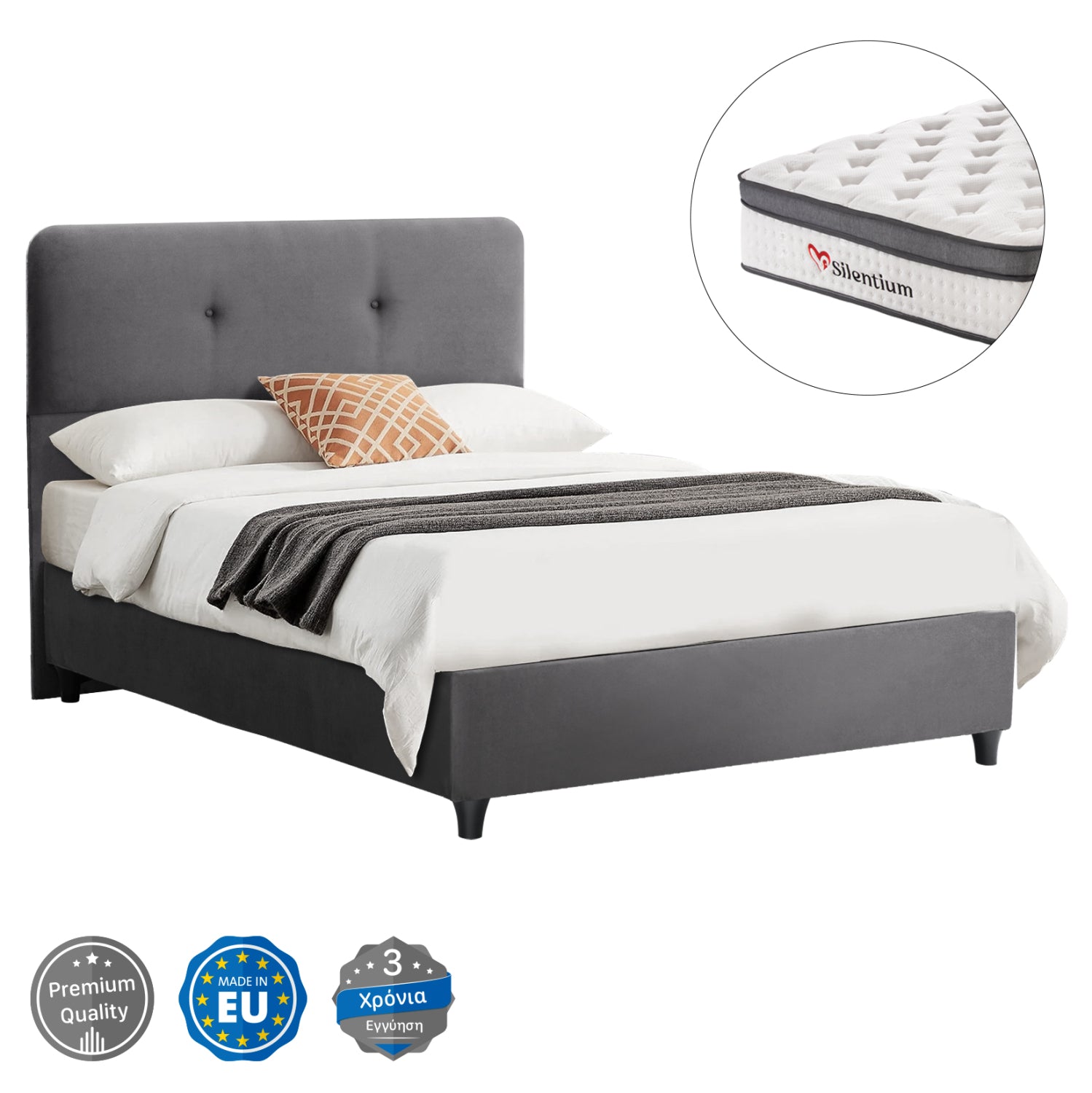 SEMI-DOUBLE BED WITH MATTRESS DOLORES HM10746.01 VELVET IN GREY--FOR 120x200cm.