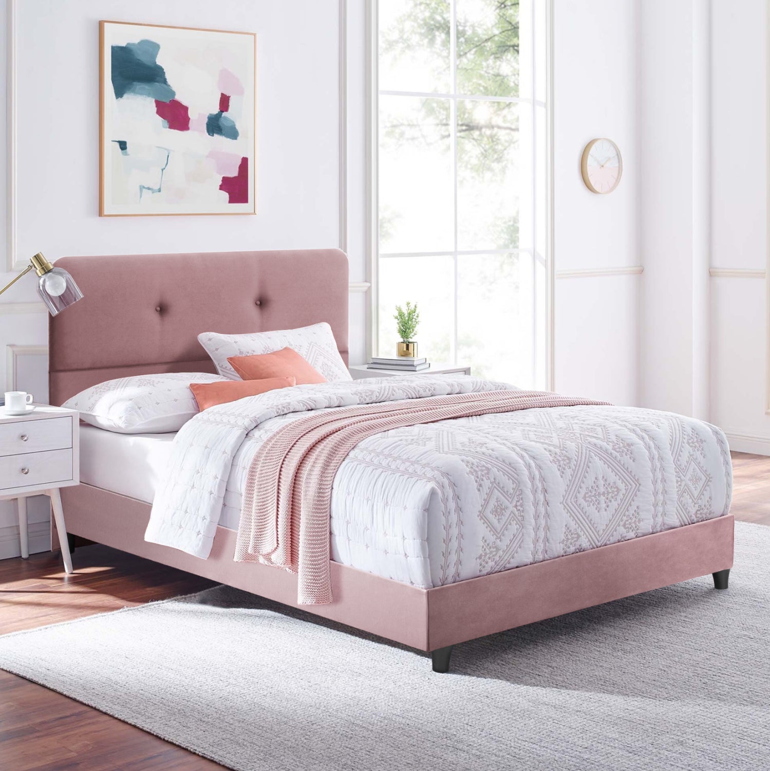 SEMI-DOUBLE BED WITH MATTRESS DOLORES HM10746.02 VELVET IN DUSTY PINK--FOR 120x200cm.