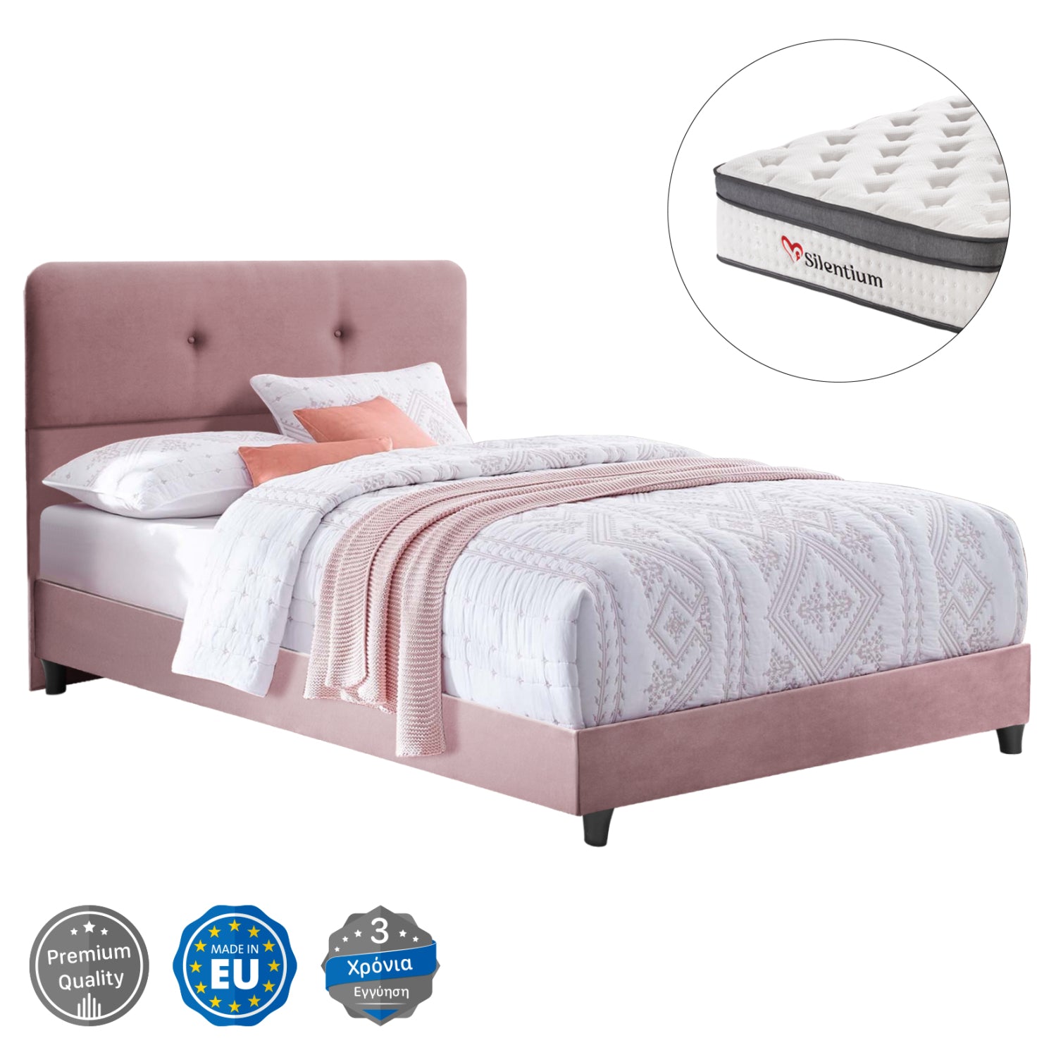 SEMI-DOUBLE BED WITH MATTRESS DOLORES HM10746.02 VELVET IN DUSTY PINK--FOR 120x200cm.
