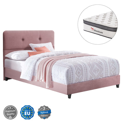SEMI-DOUBLE BED WITH MATTRESS DOLORES HM10746.02 VELVET IN DUSTY PINK--FOR 120x200cm.