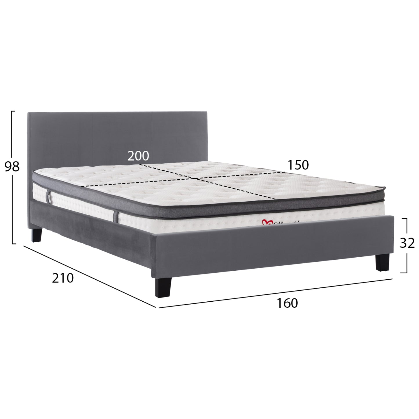 BED WITH MATTRESS BECCA HM10803.11 GREY FABRIC--FOR MATTRESS 150x200cm