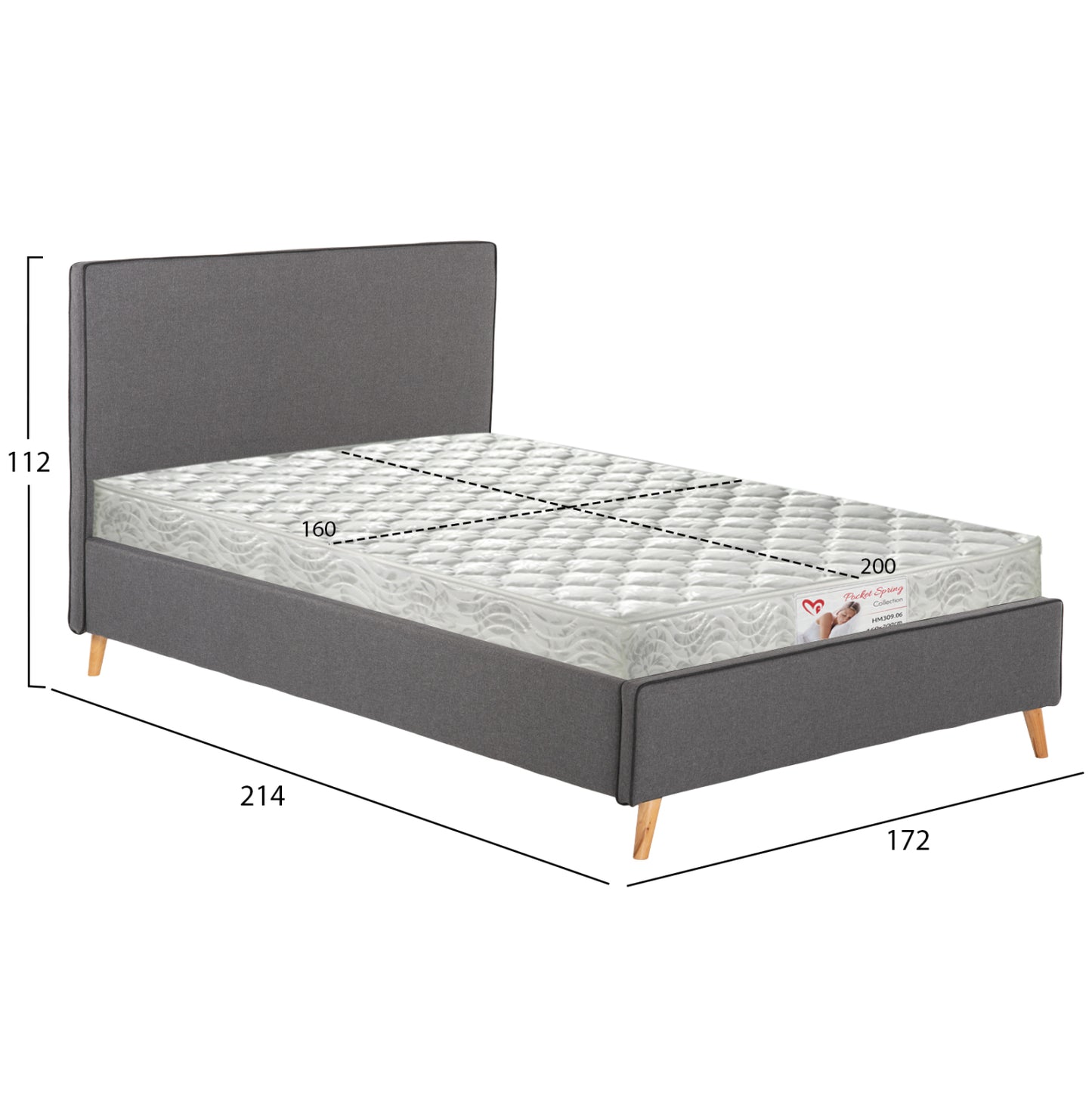 BED WITH MATTRESS INDRA HM21280.01 GREY FABRIC--FOR MATTRESS 160x200cm