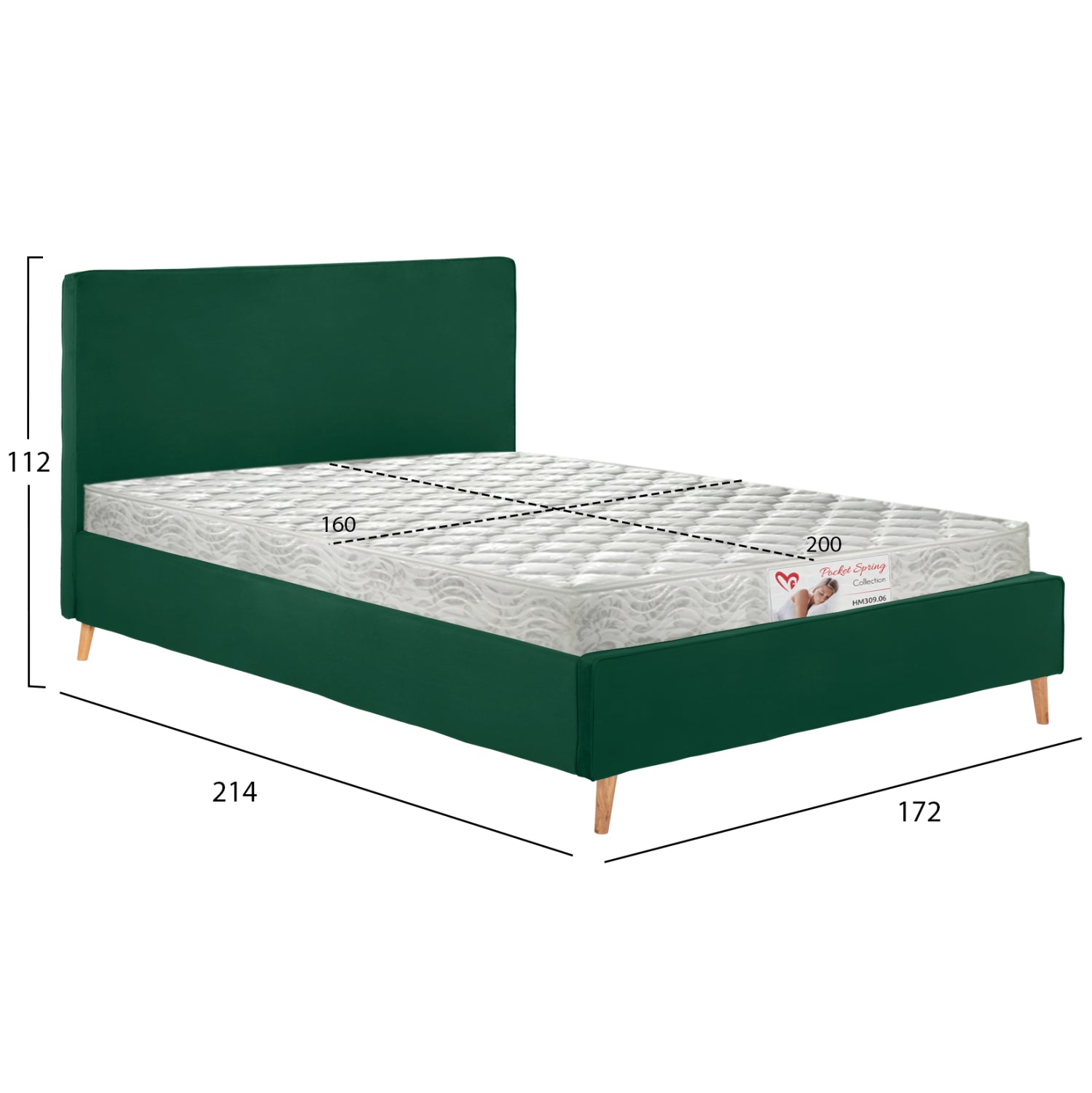 BED WITH MATTRESS INDRA HM21280.04 CYPRESS GREEN VELVET--FOR MATTRESS 160x200cm