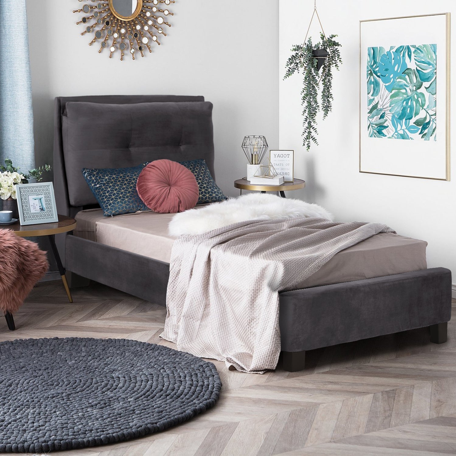 BED WITH MATTRESS RILEY HM21282.01 GREY VELVET--FOR MATTRESS 90x200cm