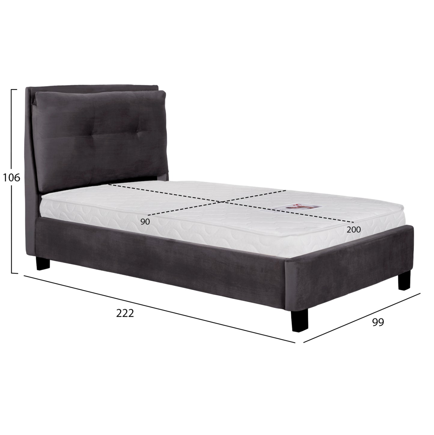 BED WITH MATTRESS RILEY HM21282.01 GREY VELVET--FOR MATTRESS 90x200cm