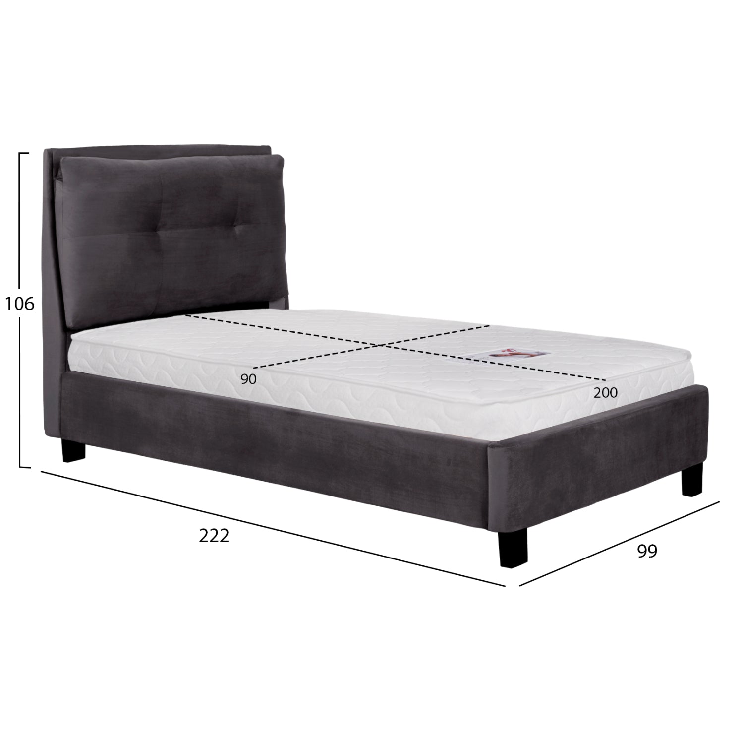 BED WITH MATTRESS RILEY HM21282.01 GREY VELVET--FOR MATTRESS 90x200cm